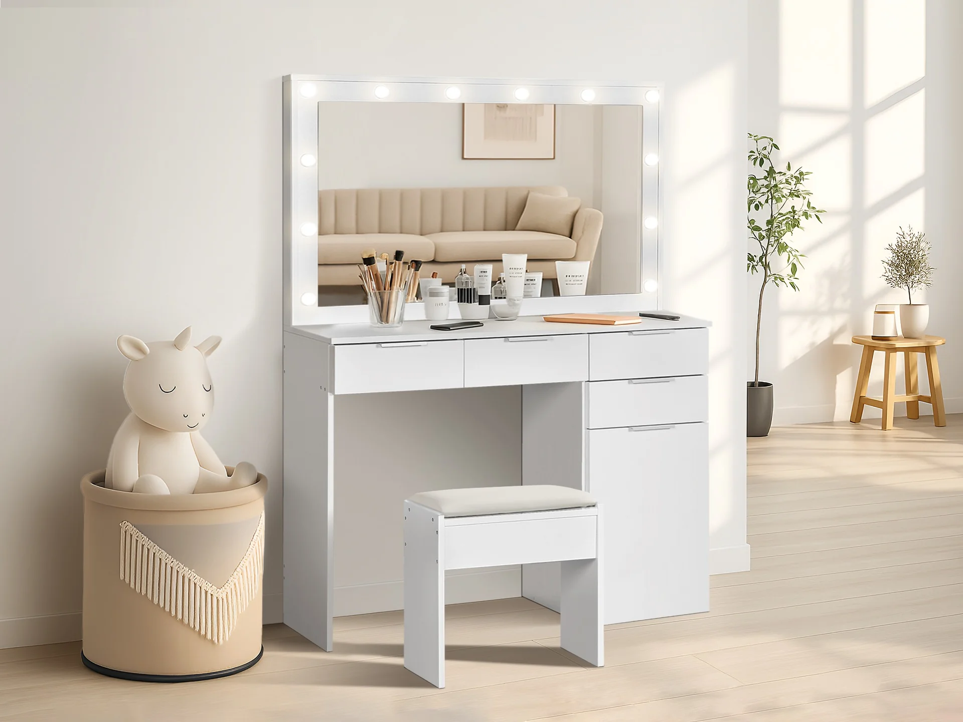 Comfrey 2 Piece Dressing Table with Mirror & Stool Set - White - Image 3