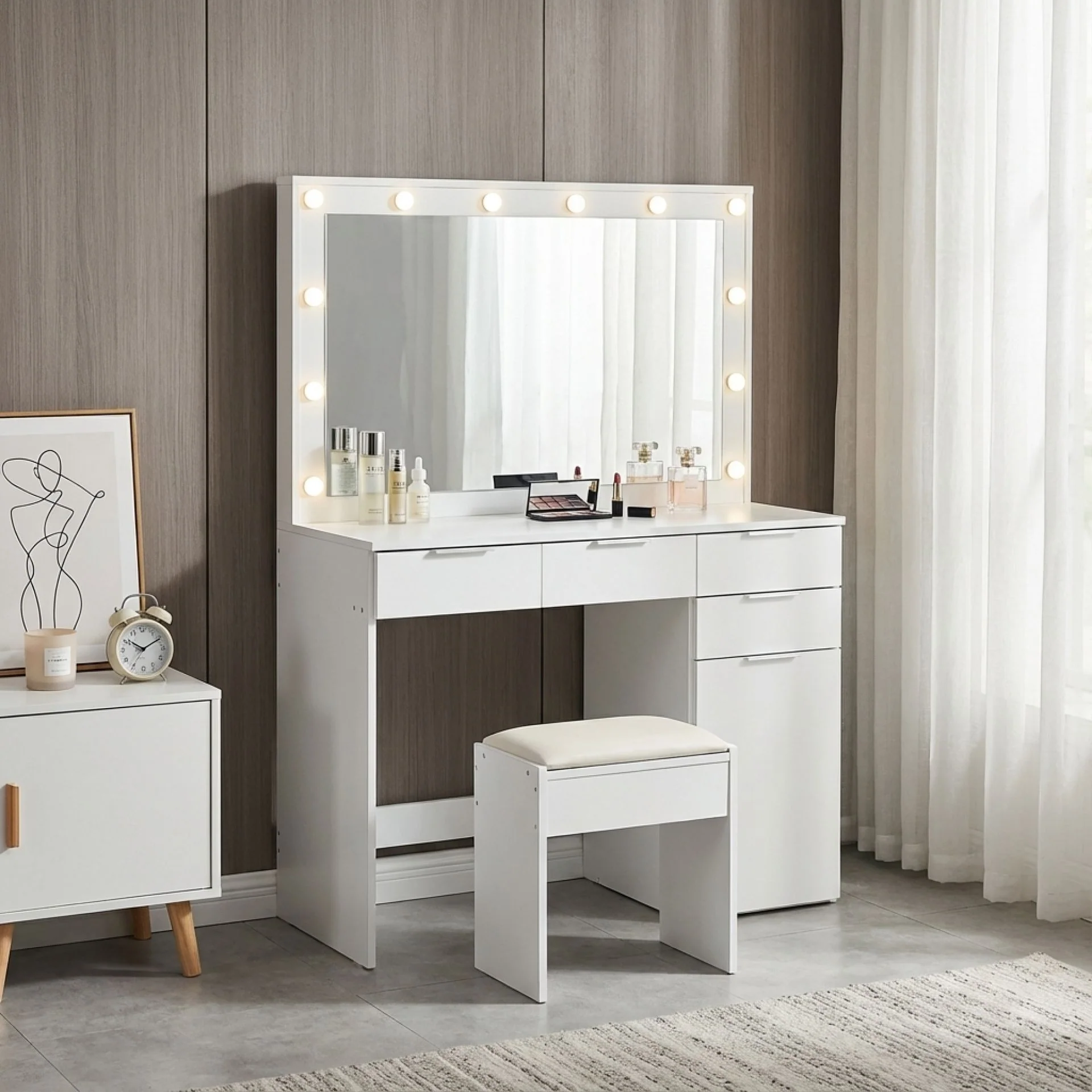 Comfrey 2 Piece Dressing Table with Mirror & Stool Set - White - Image 4