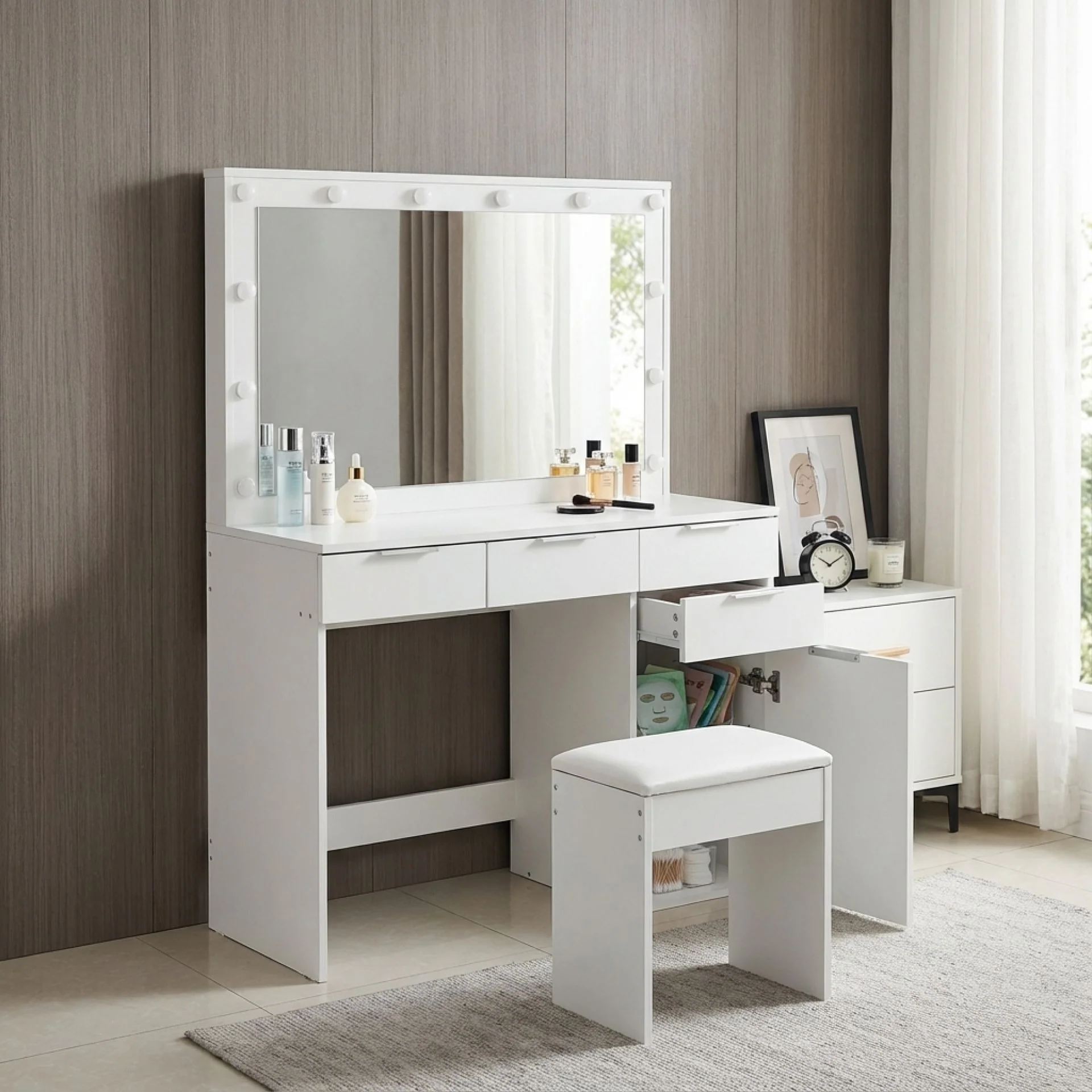 Comfrey 2 Piece Dressing Table with Mirror & Stool Set - White - Image 5