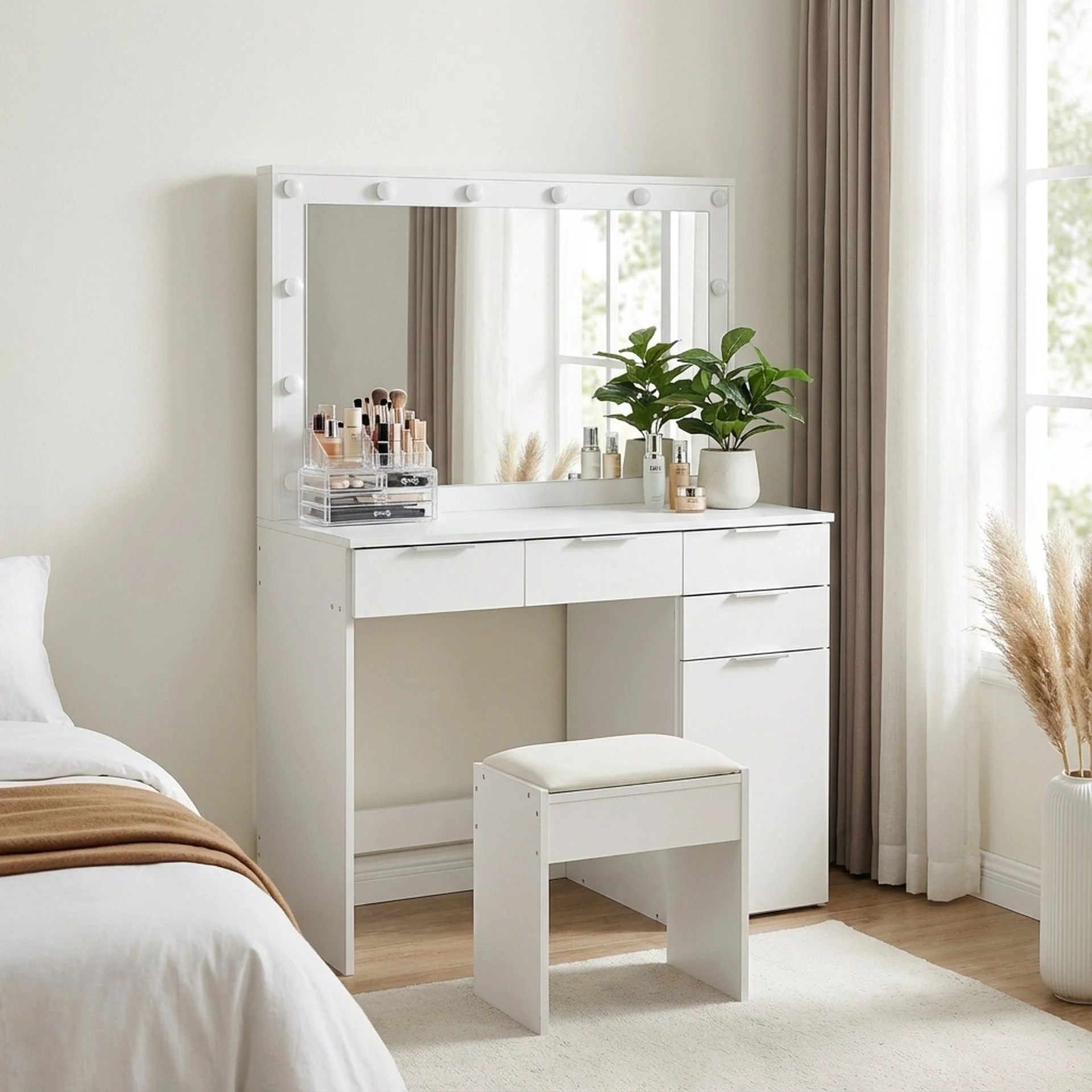 Comfrey 2 Piece Dressing Table with Mirror & Stool Set - White - Image 7