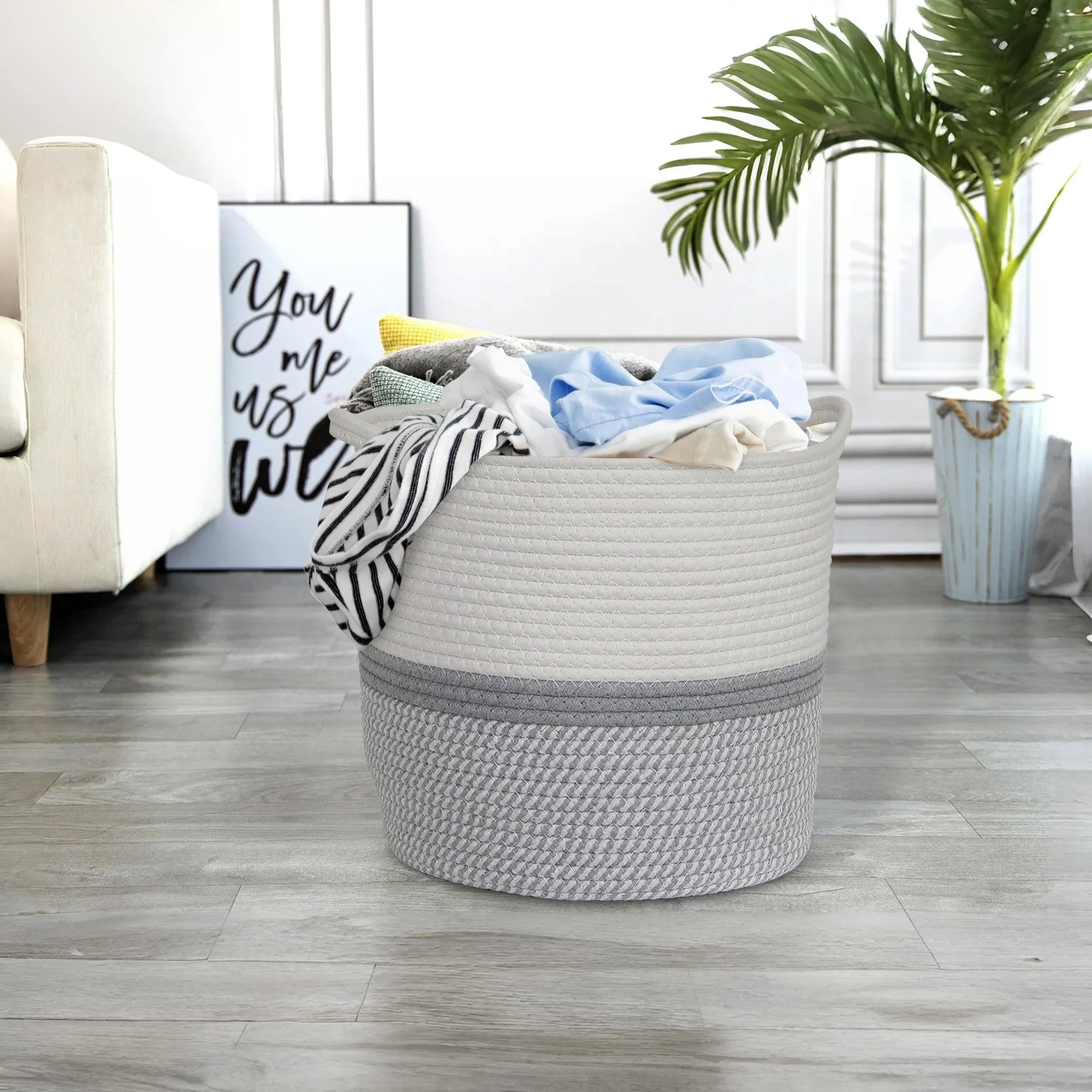 Cotton Rope Basket - White + Grey