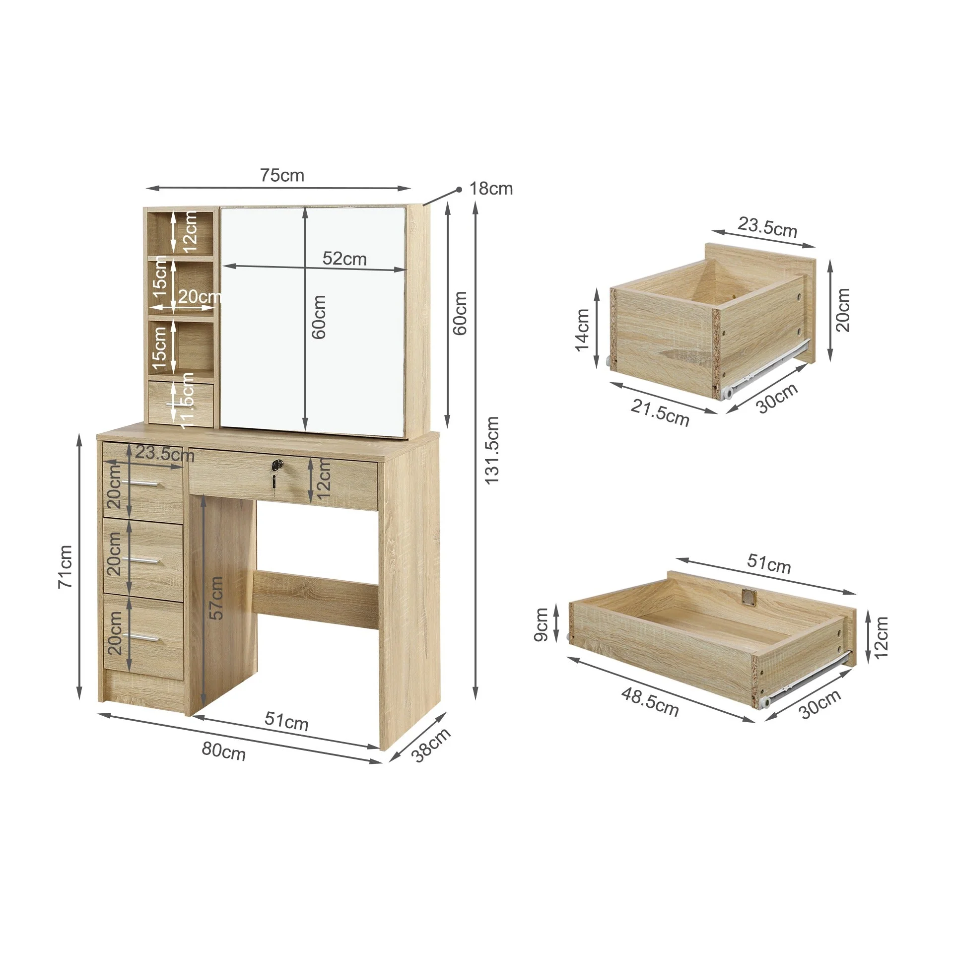 Carnation Dressing Table with Drawers Set - Oak - Image 15
