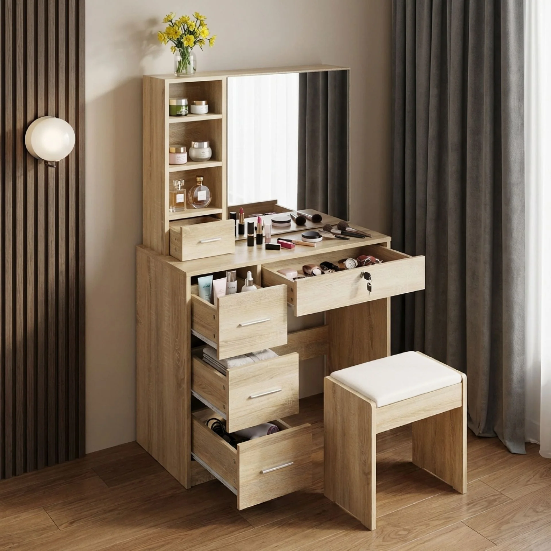 Carnation Dressing Table with Drawers Set - Oak - Image 4