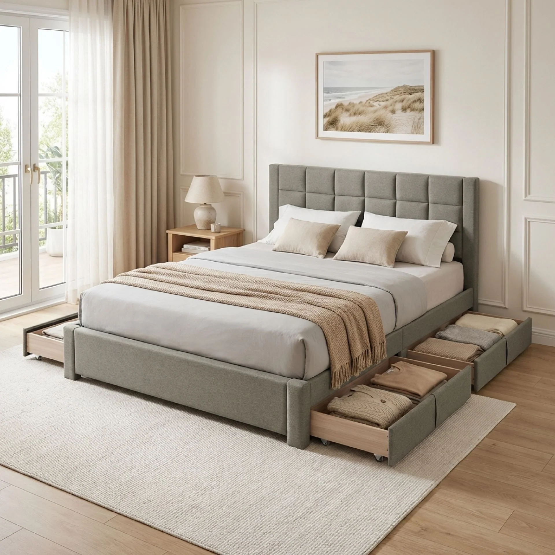 Denali Double Bed Frame with 4 Drawers - Light Grey