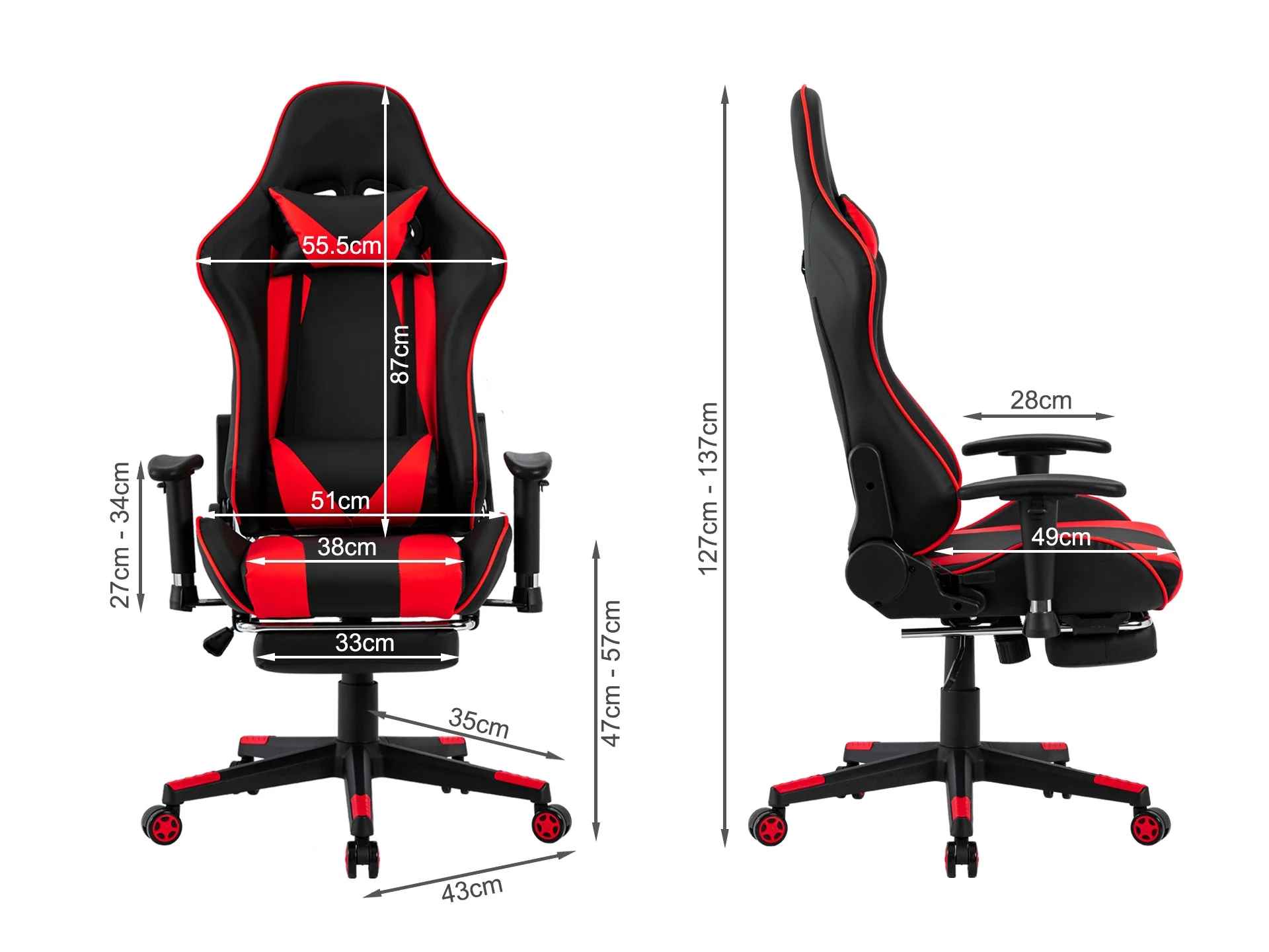 Detroit Gaming Chair with Footrest - Black + Red - Image 12