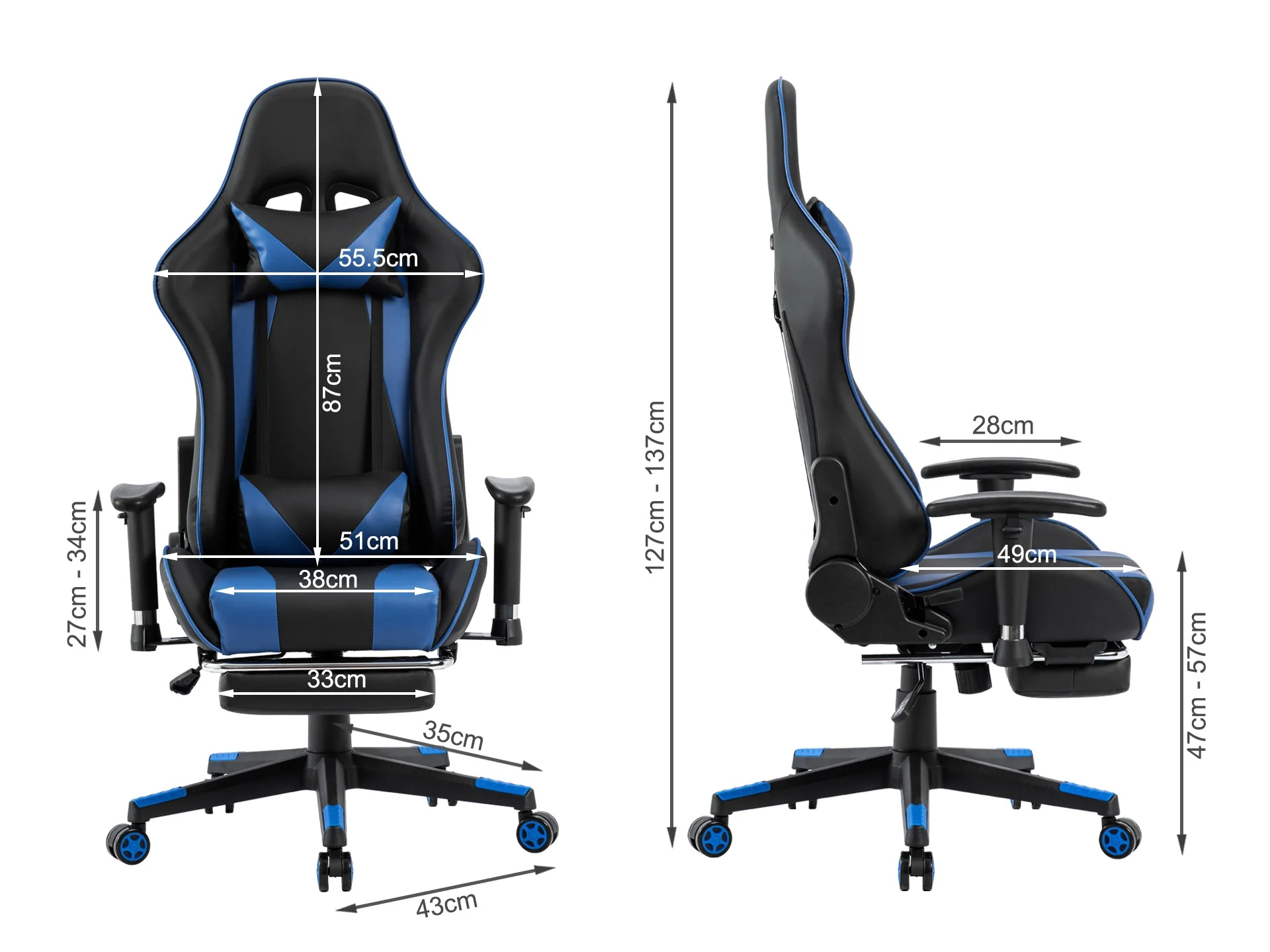 Detroit Gaming Chair with Footrest - Blue + Black - Image 12