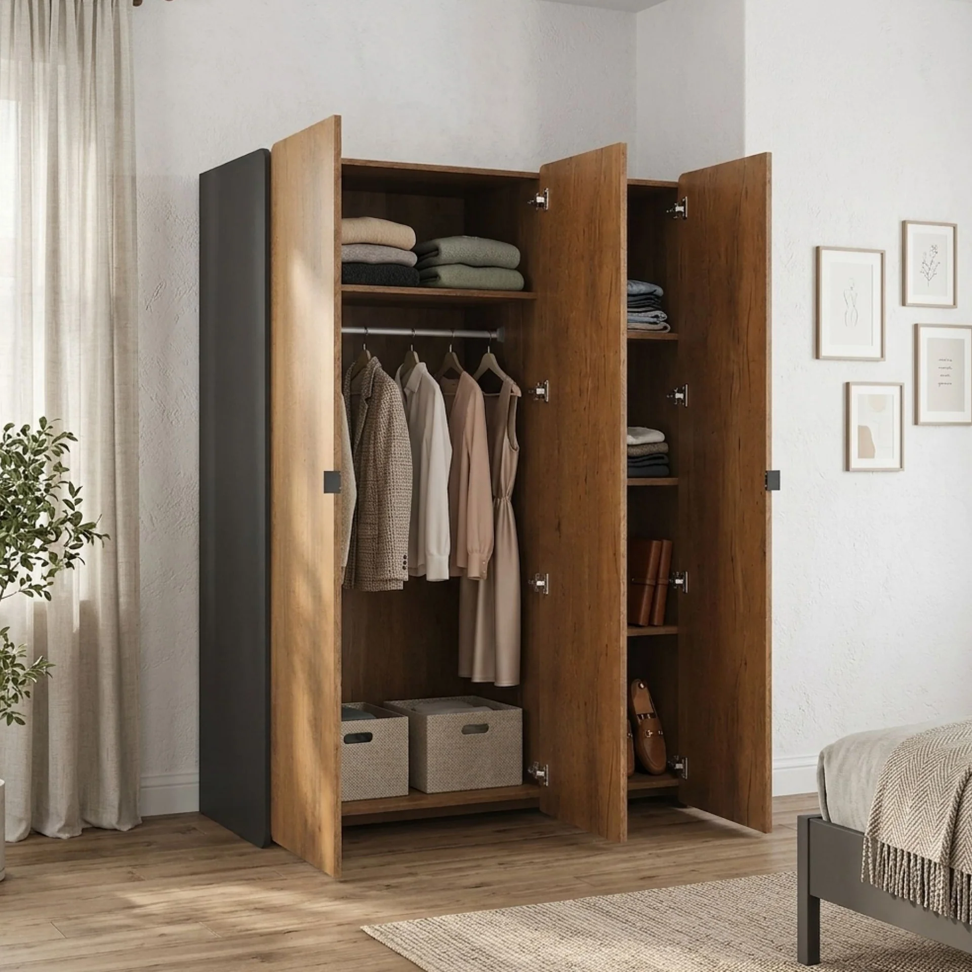 Dorian 3 Door Wardrobe - Walnut + Black - Image 2