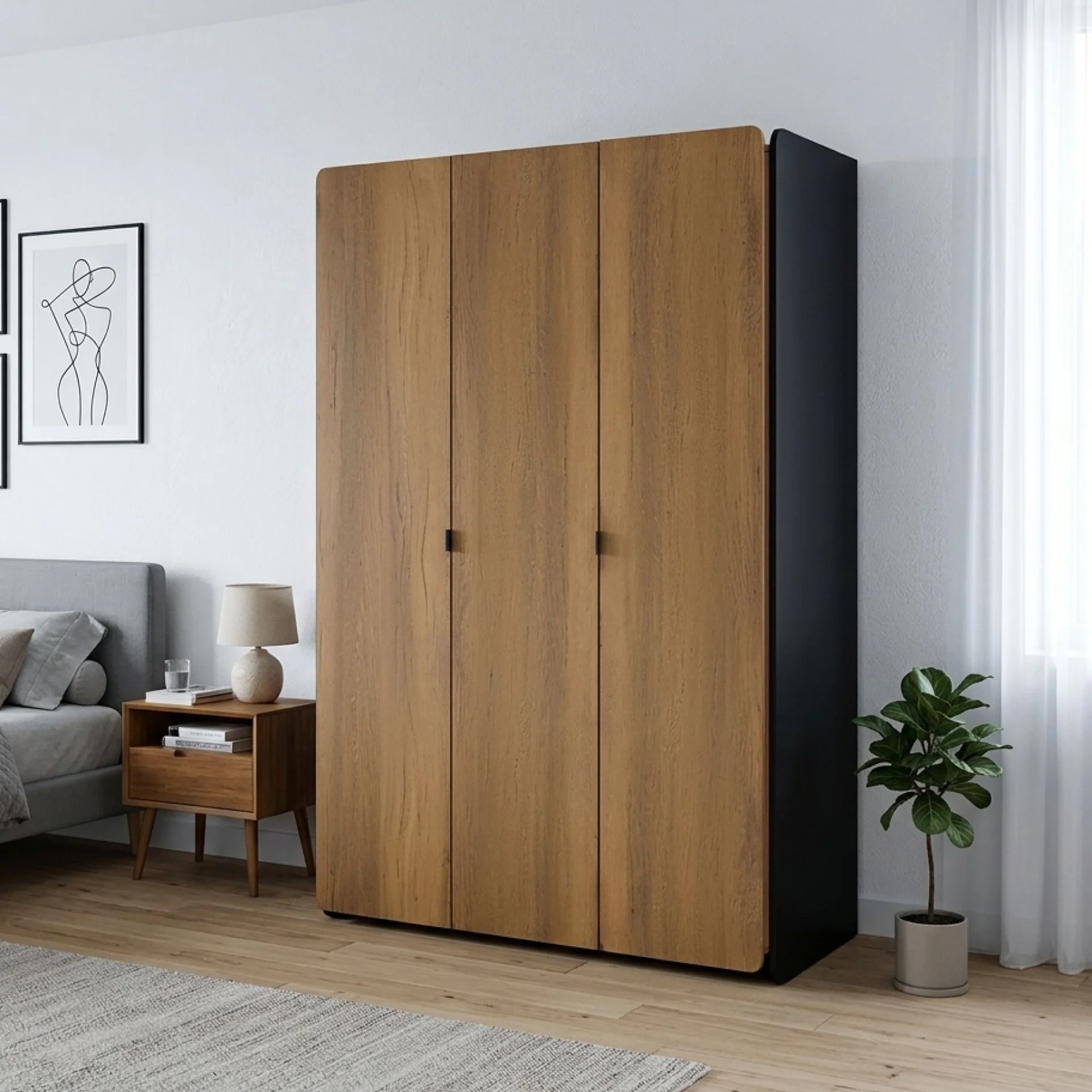 Dorian 3 Door Wardrobe - Walnut + Black - Image 3