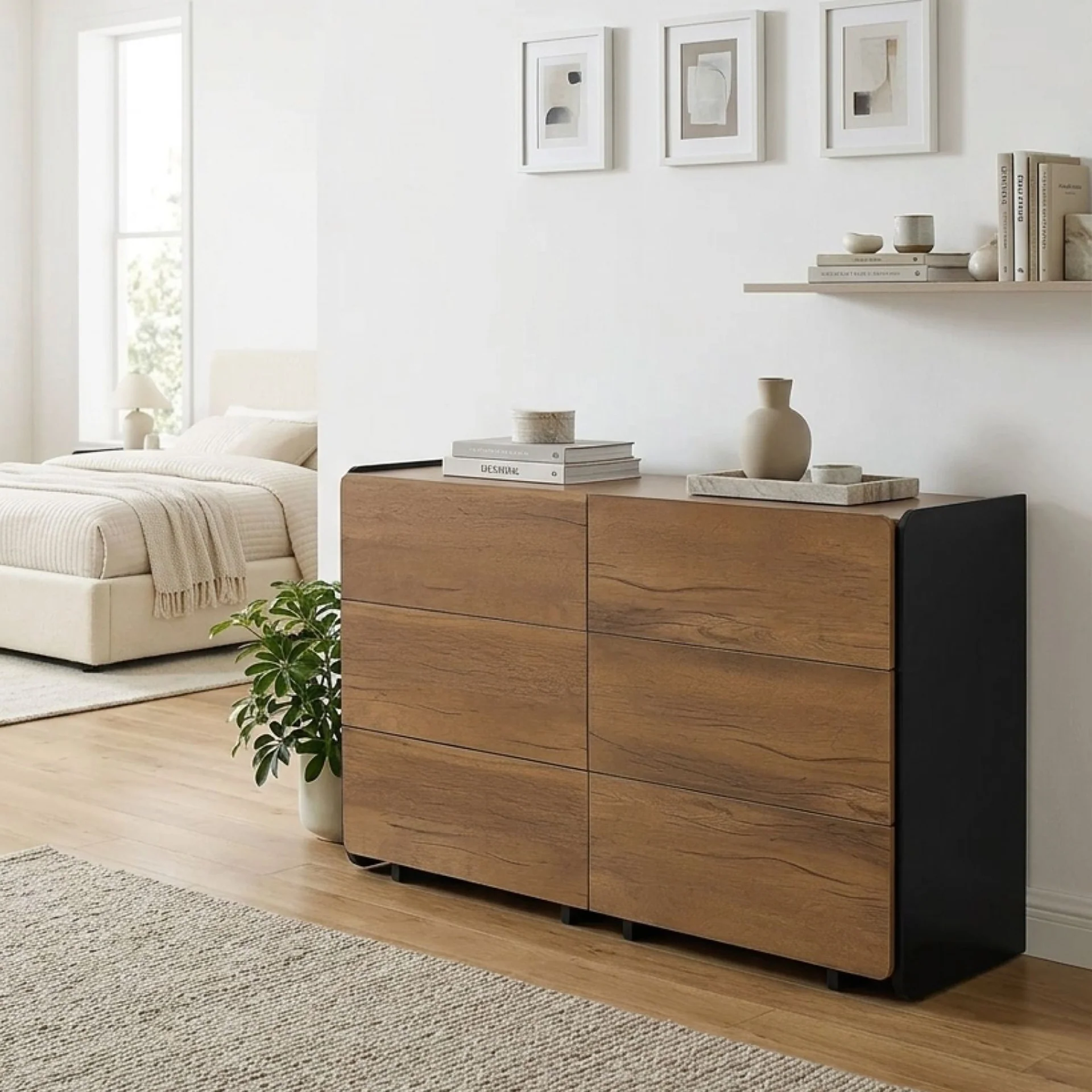 Dorian 6 Drawers Lowboy - Walnut + Black