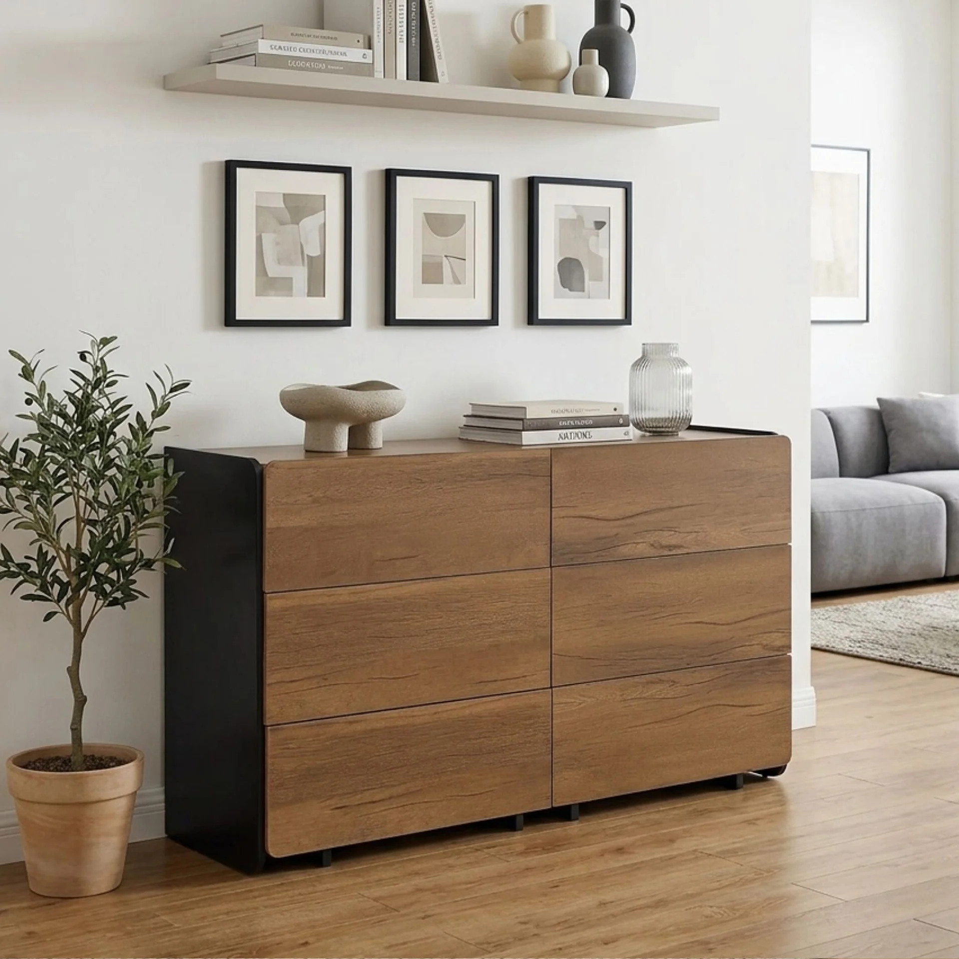 Dorian 6 Drawers Lowboy - Walnut + Black - Image 3