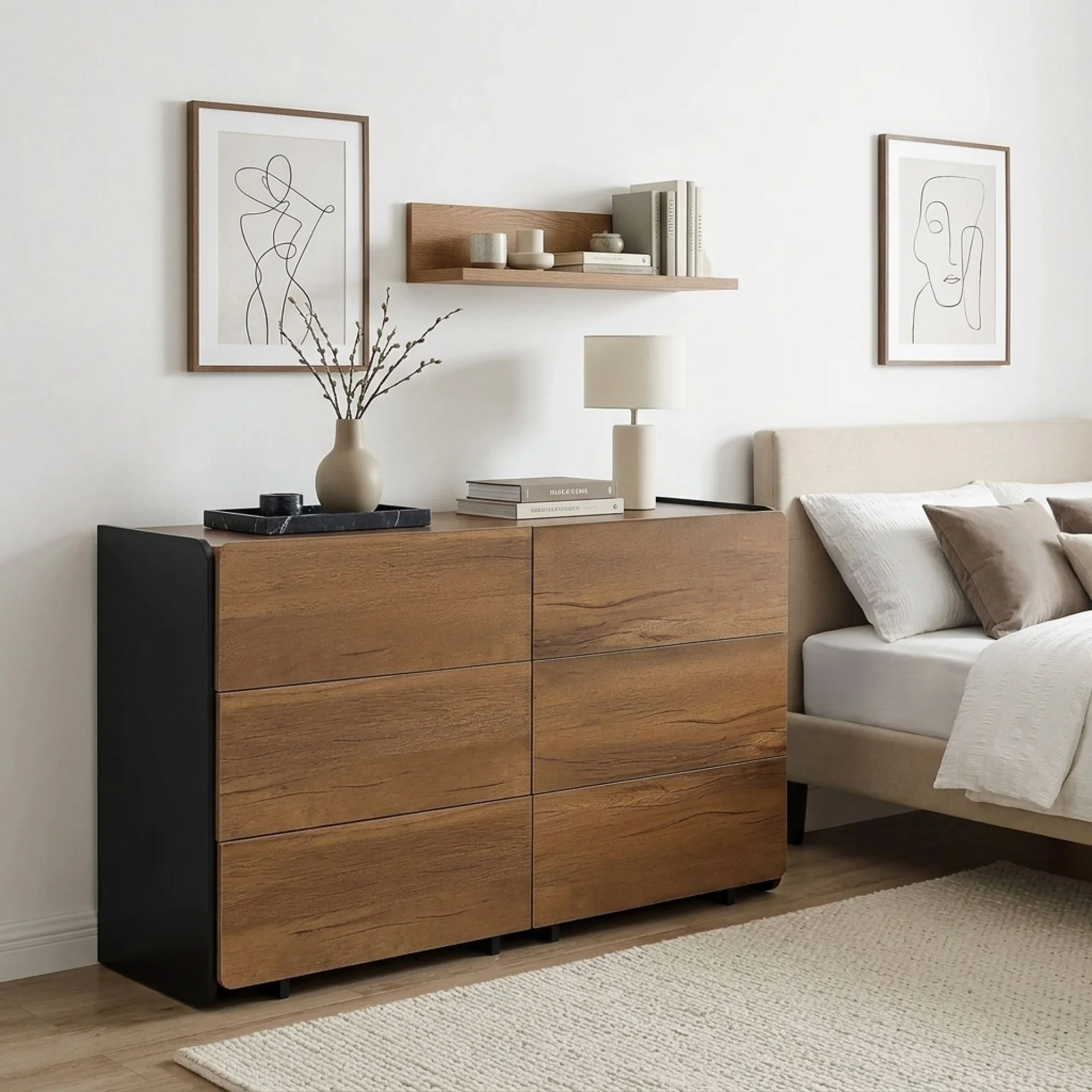Dorian 6 Drawers Lowboy - Walnut + Black - Image 6