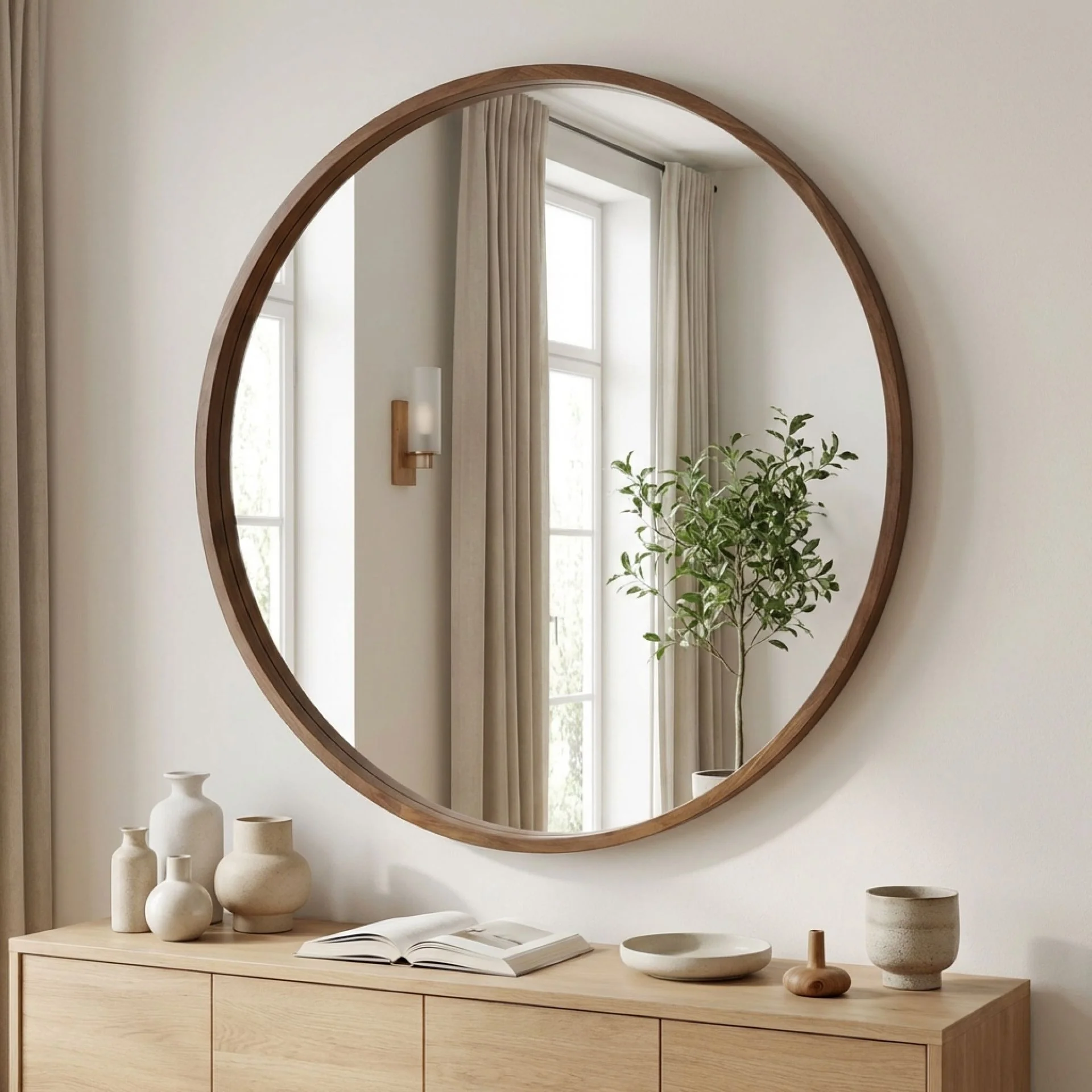 Echo Round Wooden Framed Wall Mirror 120cm - Dark Wood - Image 3