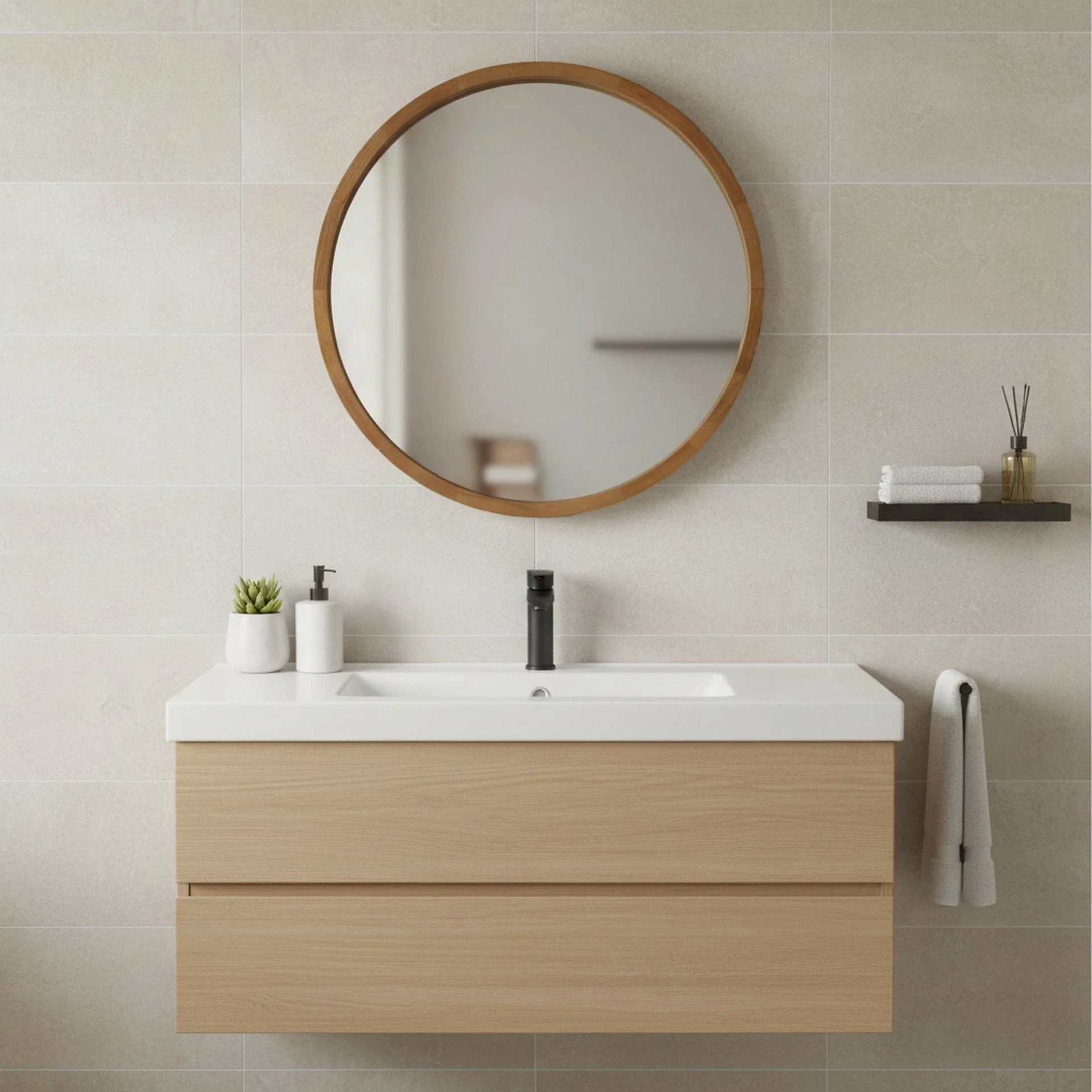 Echo Round Wooden Framed Wall Mirror 60cm - Dark Wood - Image 2