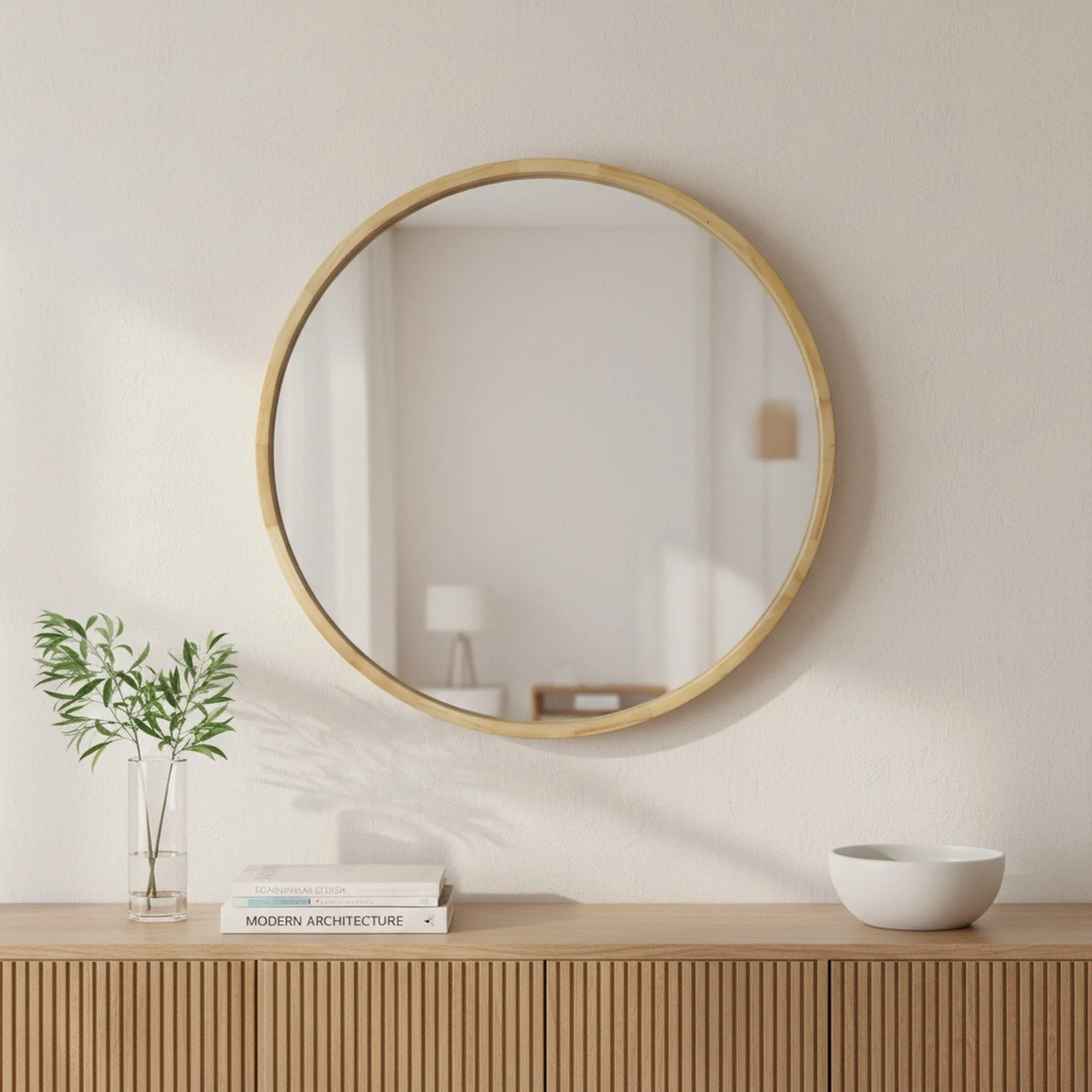 Echo Round Wooden Framed Wall Mirror 80cm - Light Wood - Image 2