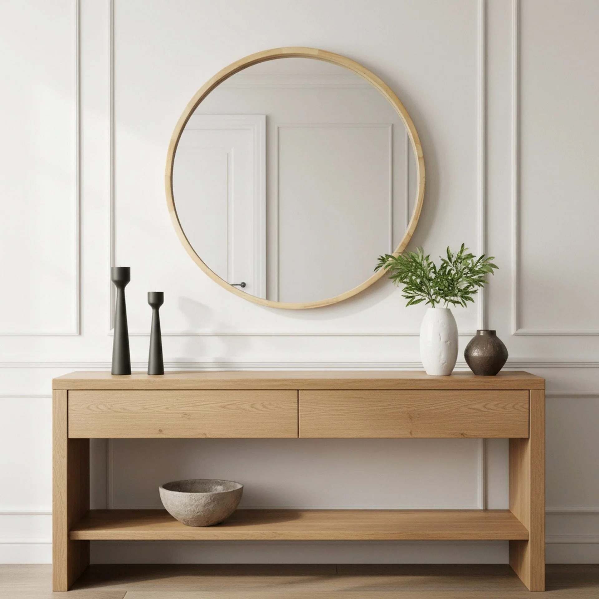 Echo Round Wooden Framed Wall Mirror 80cm - Light Wood - Image 4
