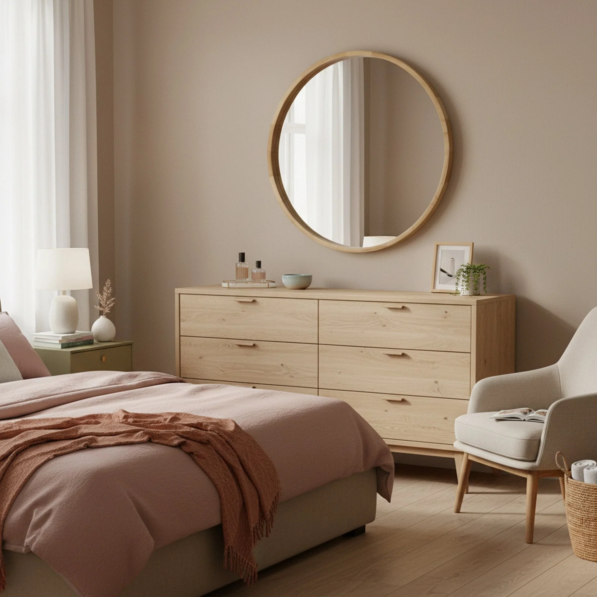 Echo Round Wooden Framed Wall Mirror 80cm - Light Wood - Image 6
