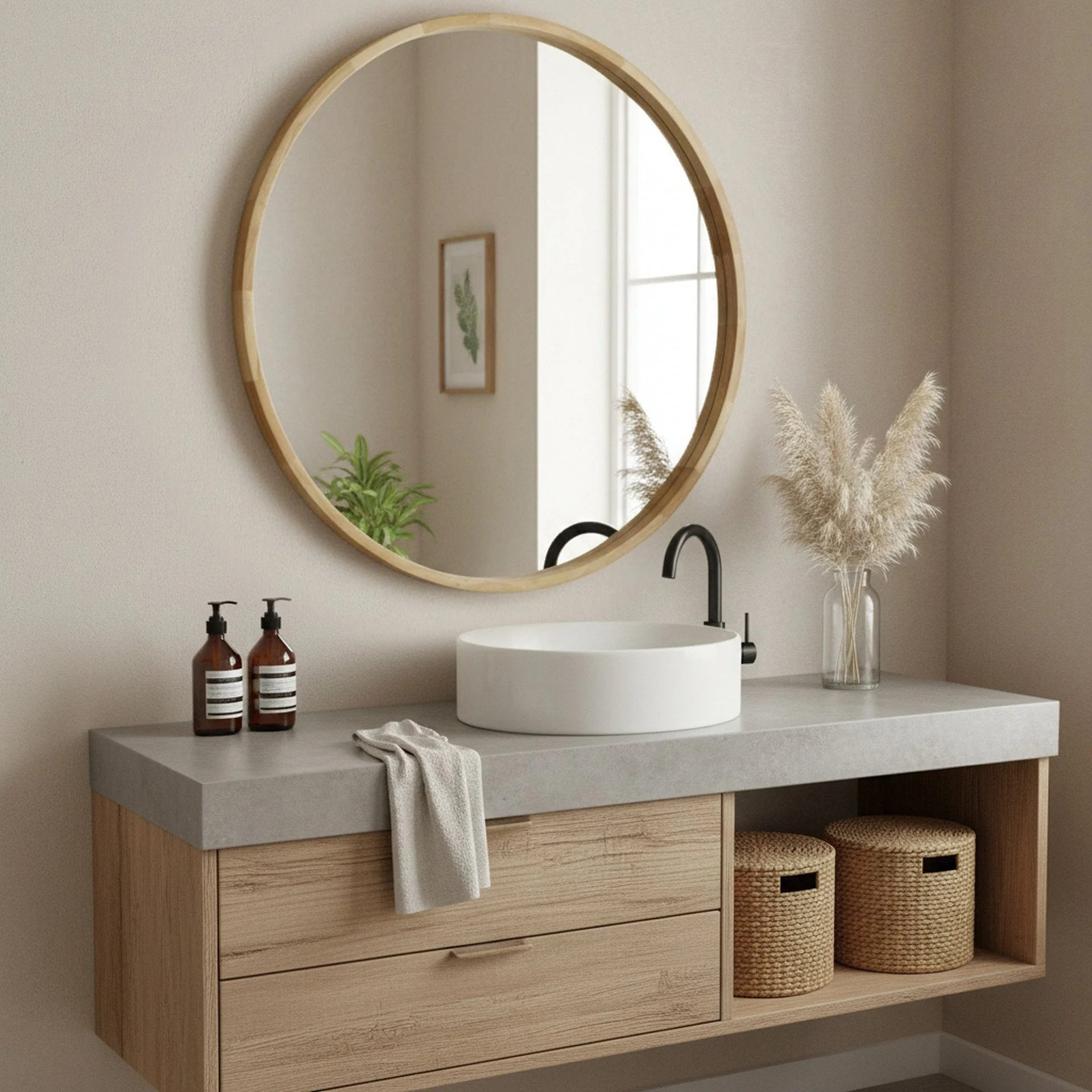 Echo Round Wooden Framed Wall Mirror 95cm - Light Wood - Image 2