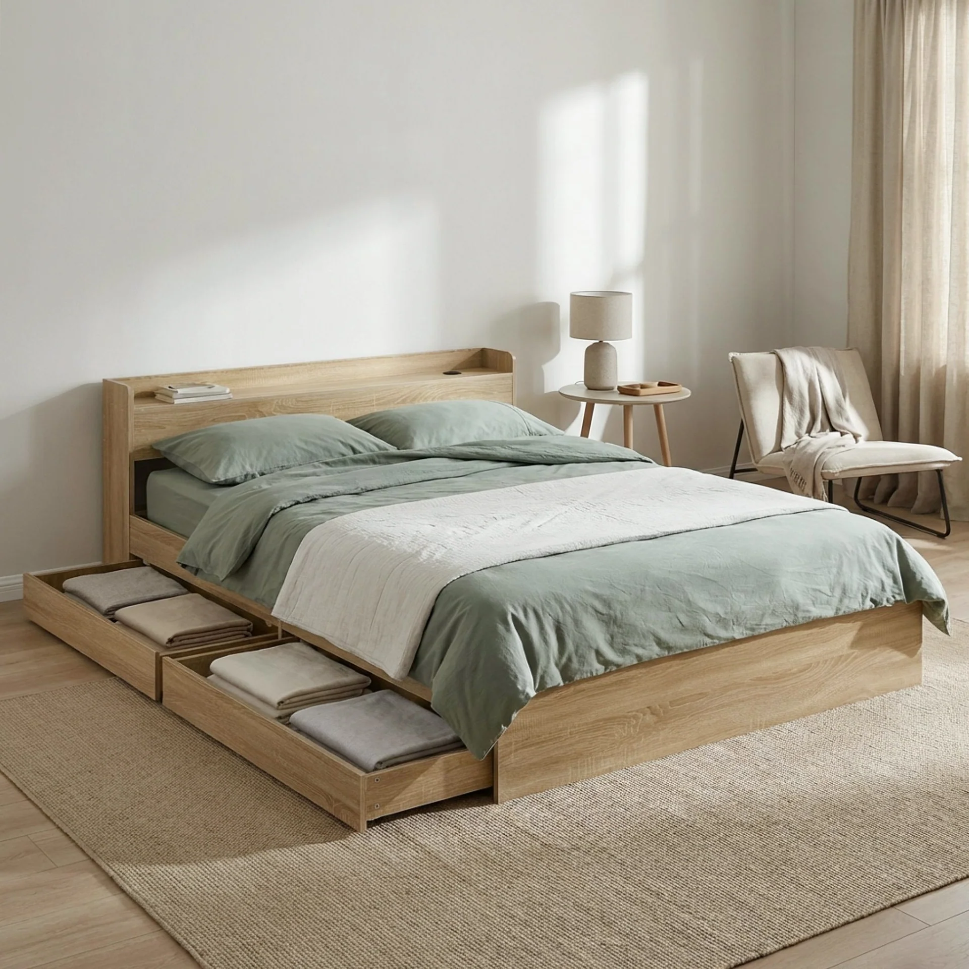 Elda Queen Bed Frame with USB Port & Drawers - Natural - Image 4