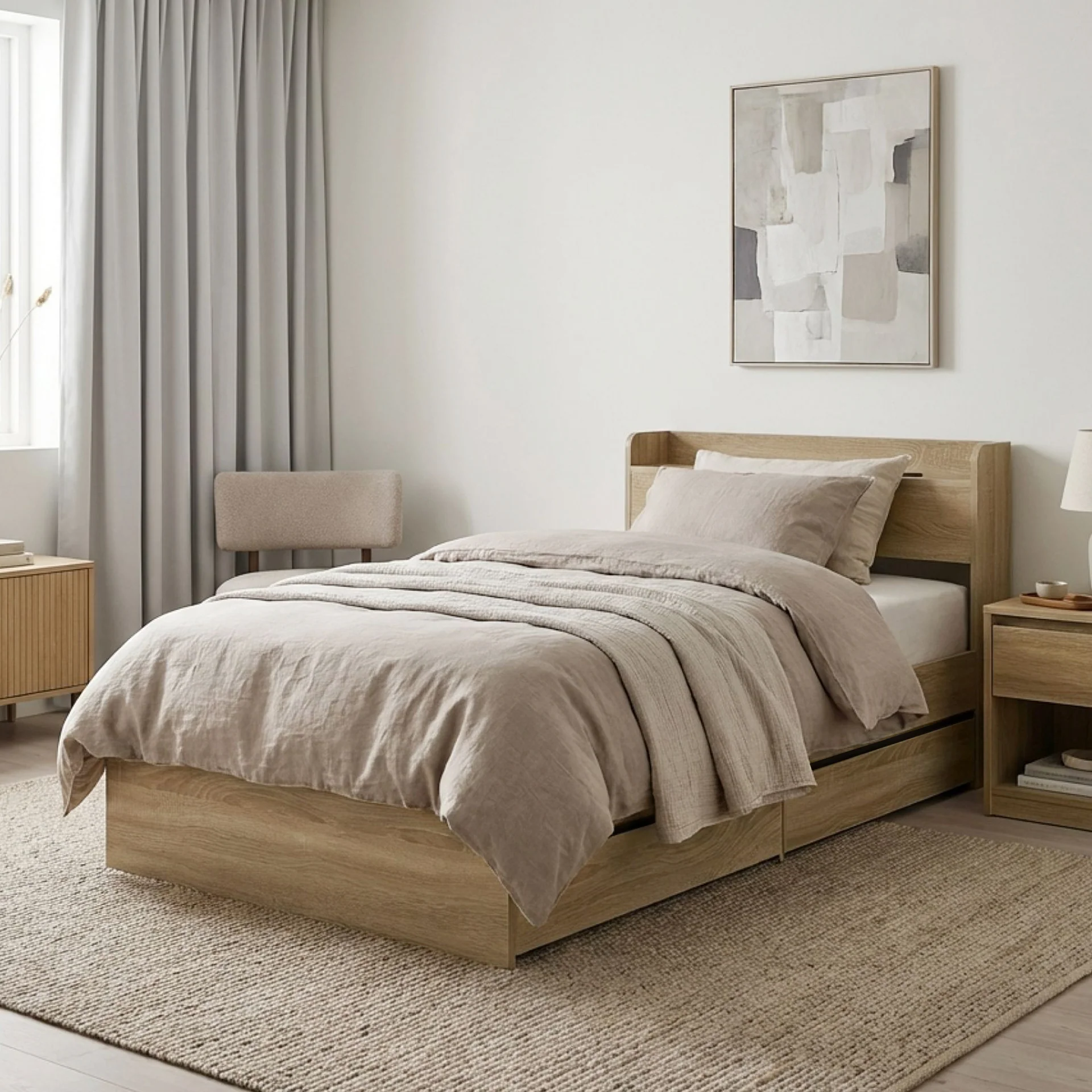 Elda Single Bed Frame with USB Port & Drawers - Natural - Image 2