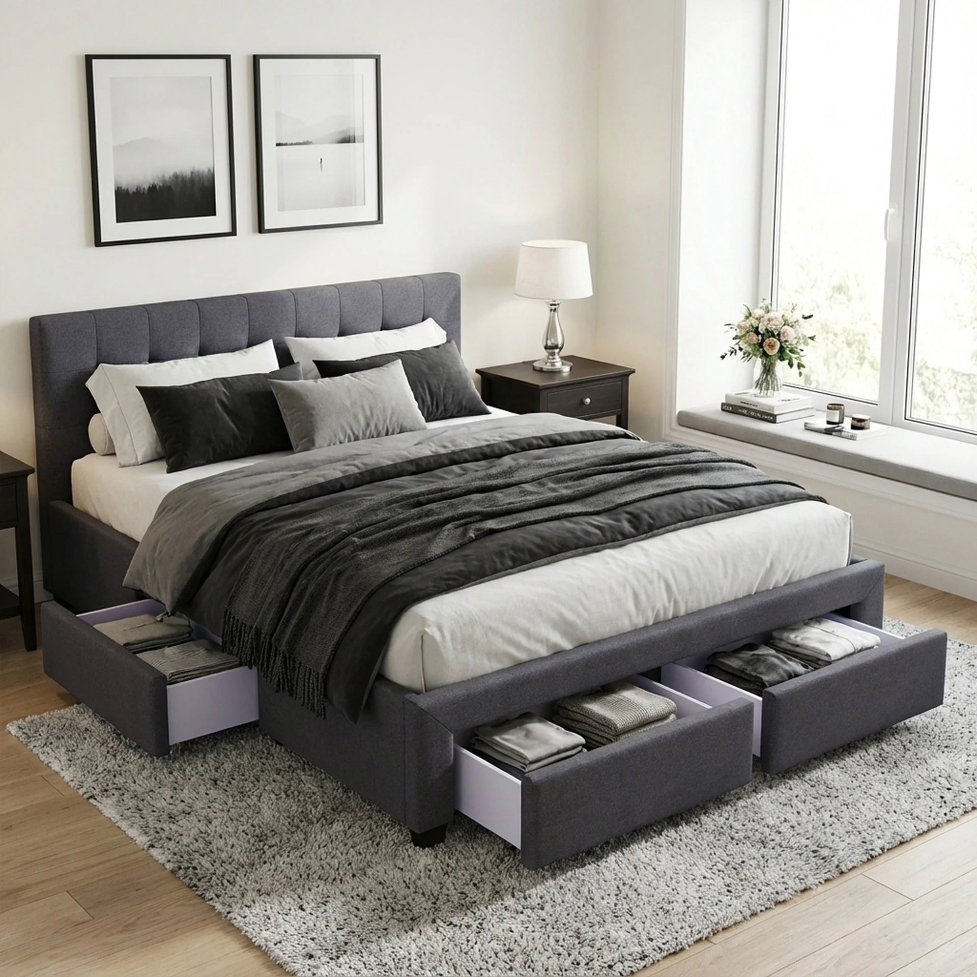 Eleanor Double Bed Frame with 4 Drawers - Dark Grey