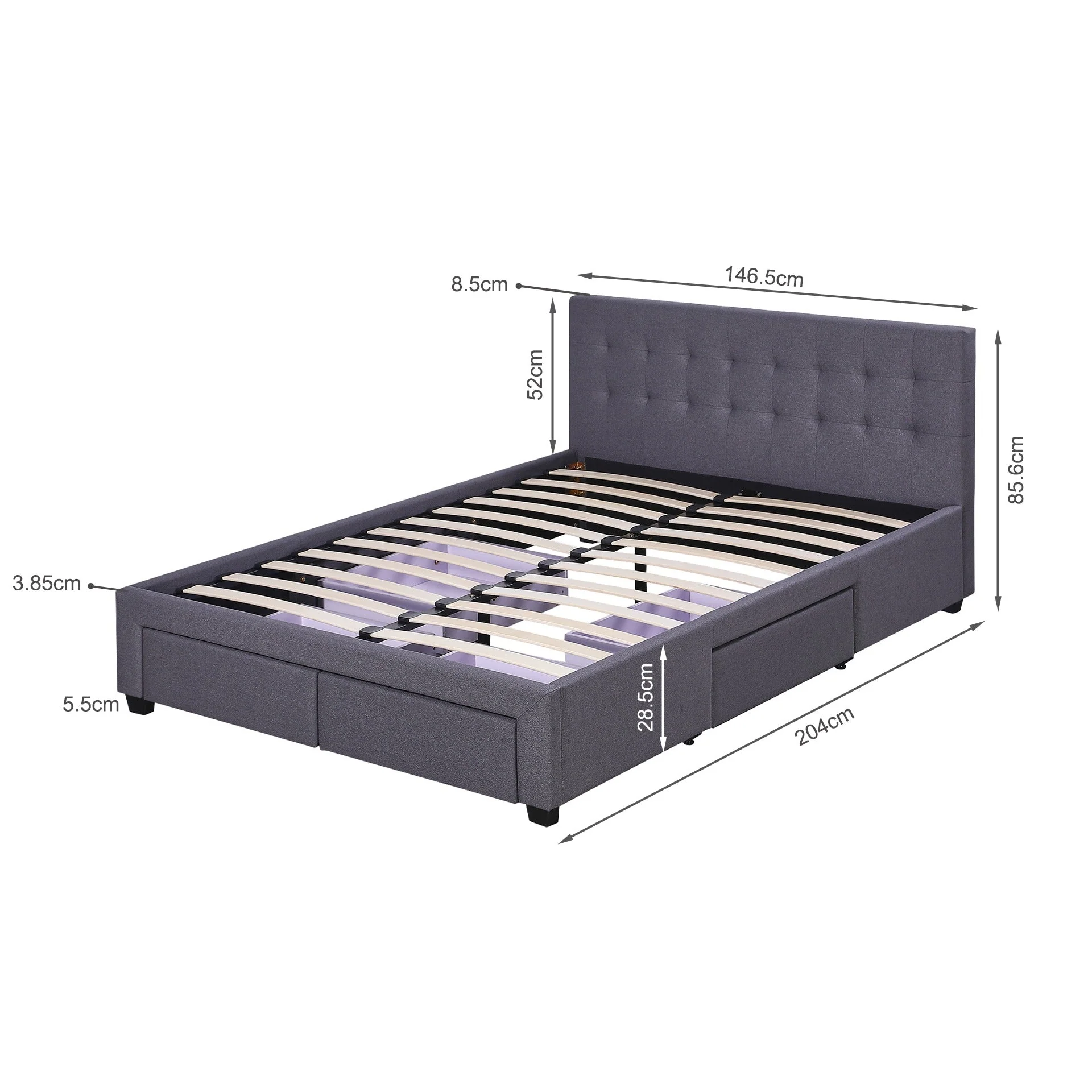 Eleanor Double Bed Frame with 4 Drawers - Dark Grey - Image 11