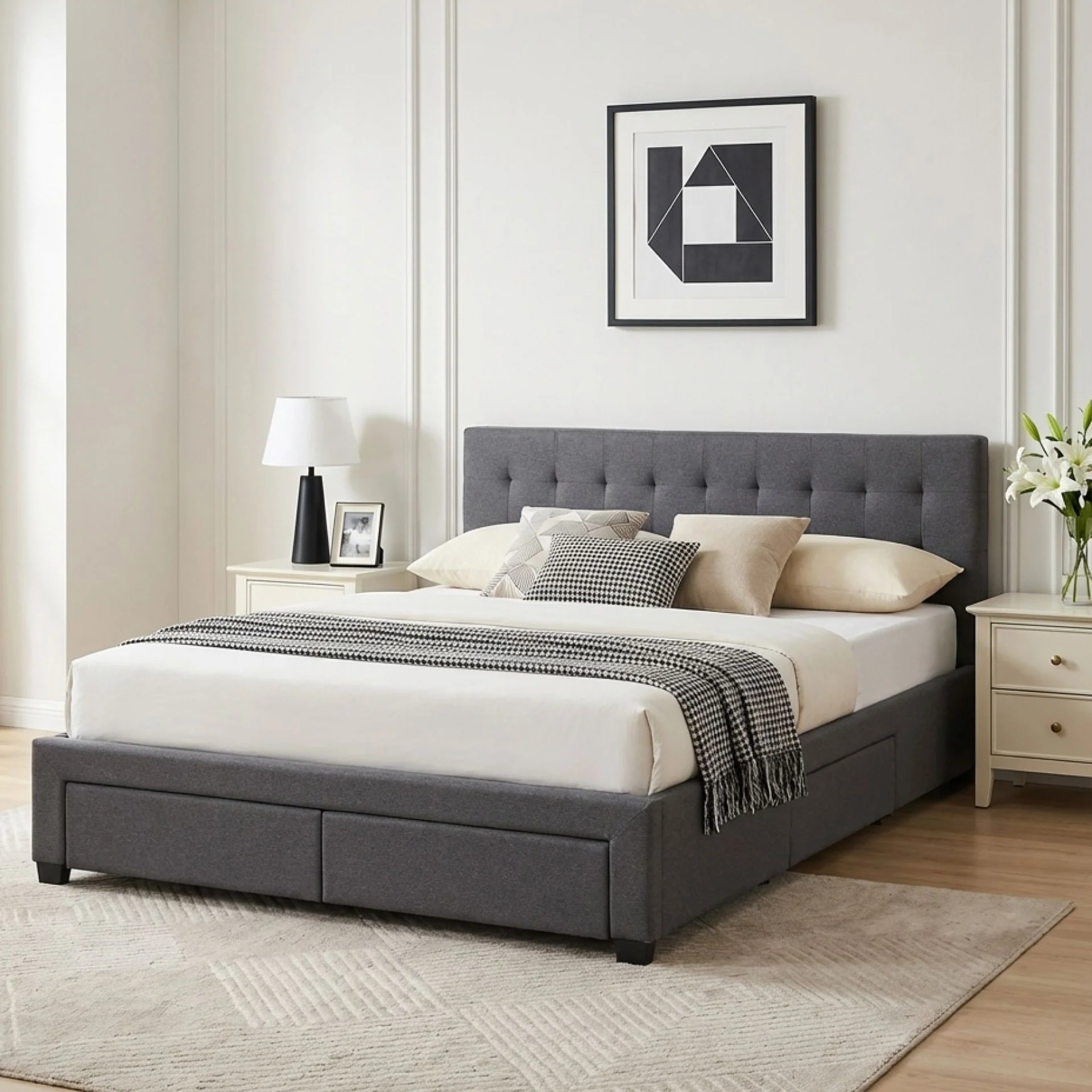 Eleanor Queen Bed Frame with 4 Drawers - Dark Grey - Image 4