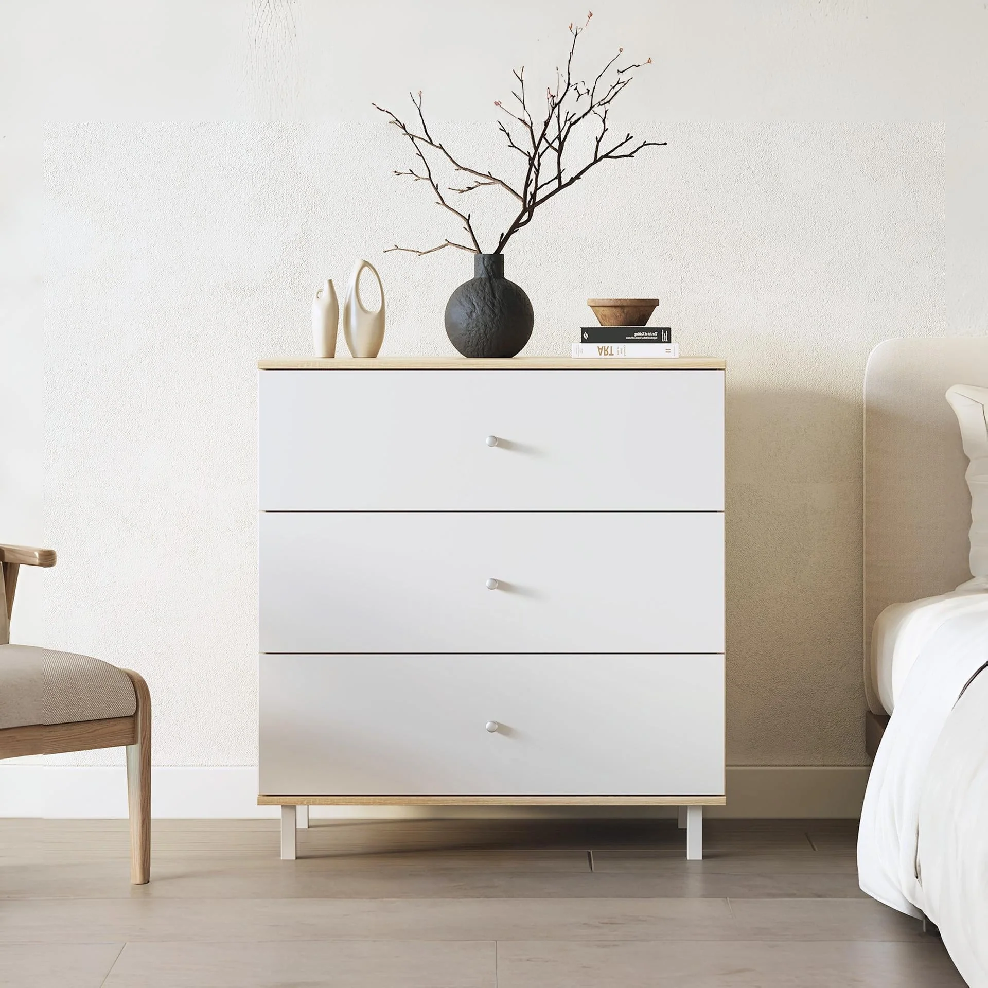 Ellis 3 Drawers Tallboy - Oak + White
