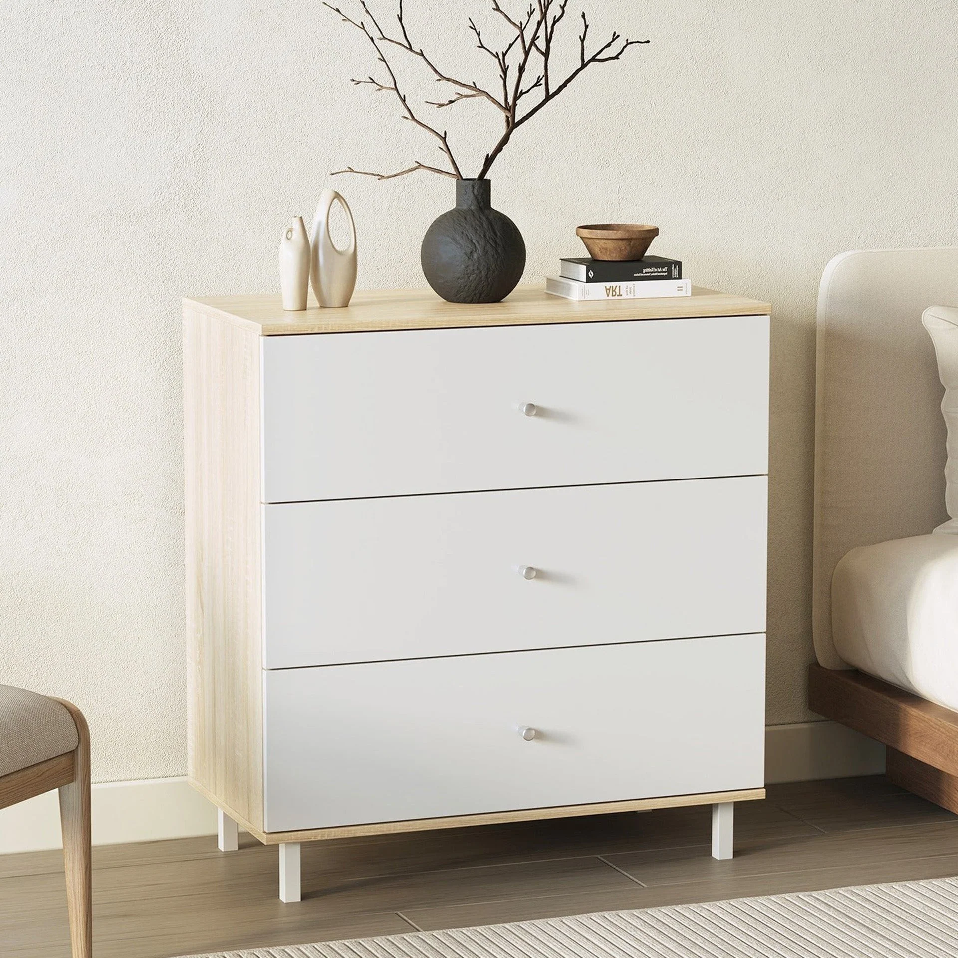 Ellis 3 Drawers Tallboy - Oak + White - Image 2