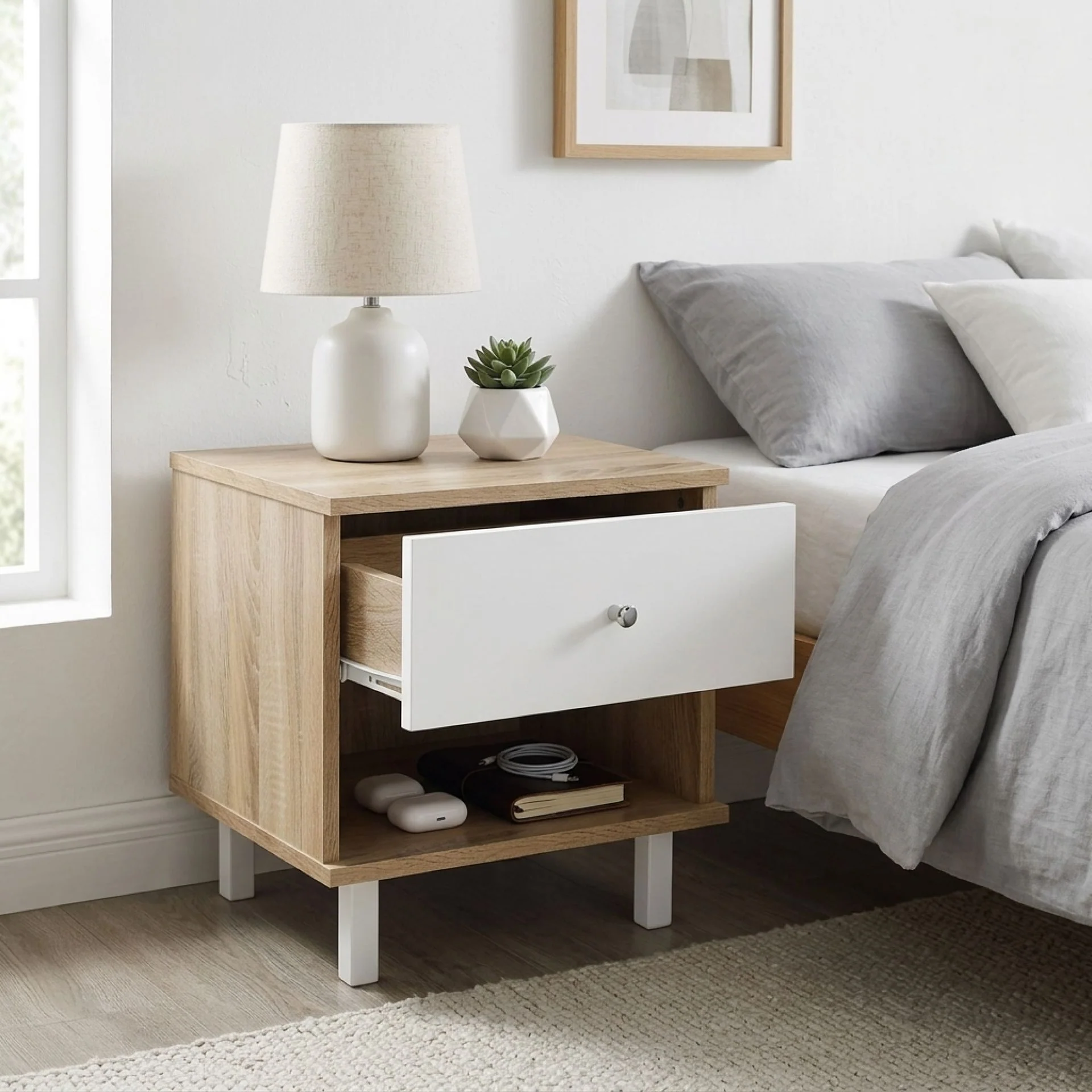 Ellis Bedside Table - Oak + White - Image 2