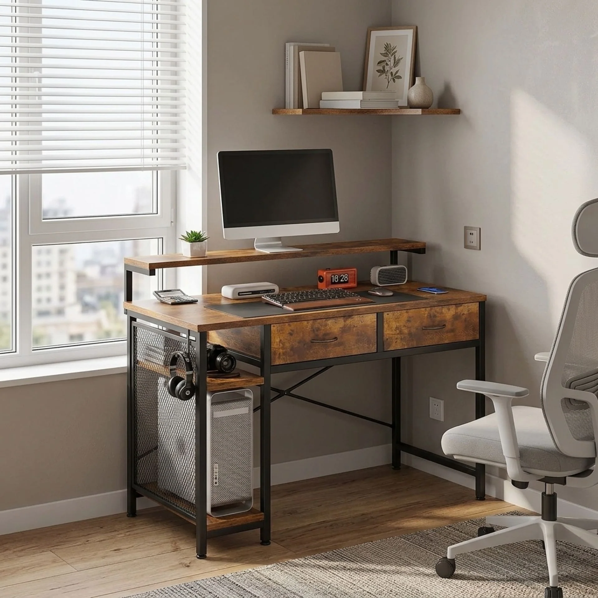 Emilio 100cm Computer Desk with 2 Drawers - Rustic Brown - Image 3