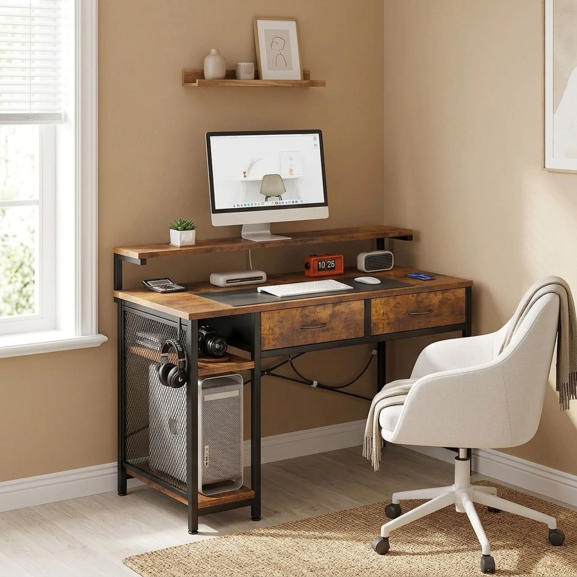 Emilio 100cm Computer Desk with 2 Drawers - Rustic Brown - Image 4
