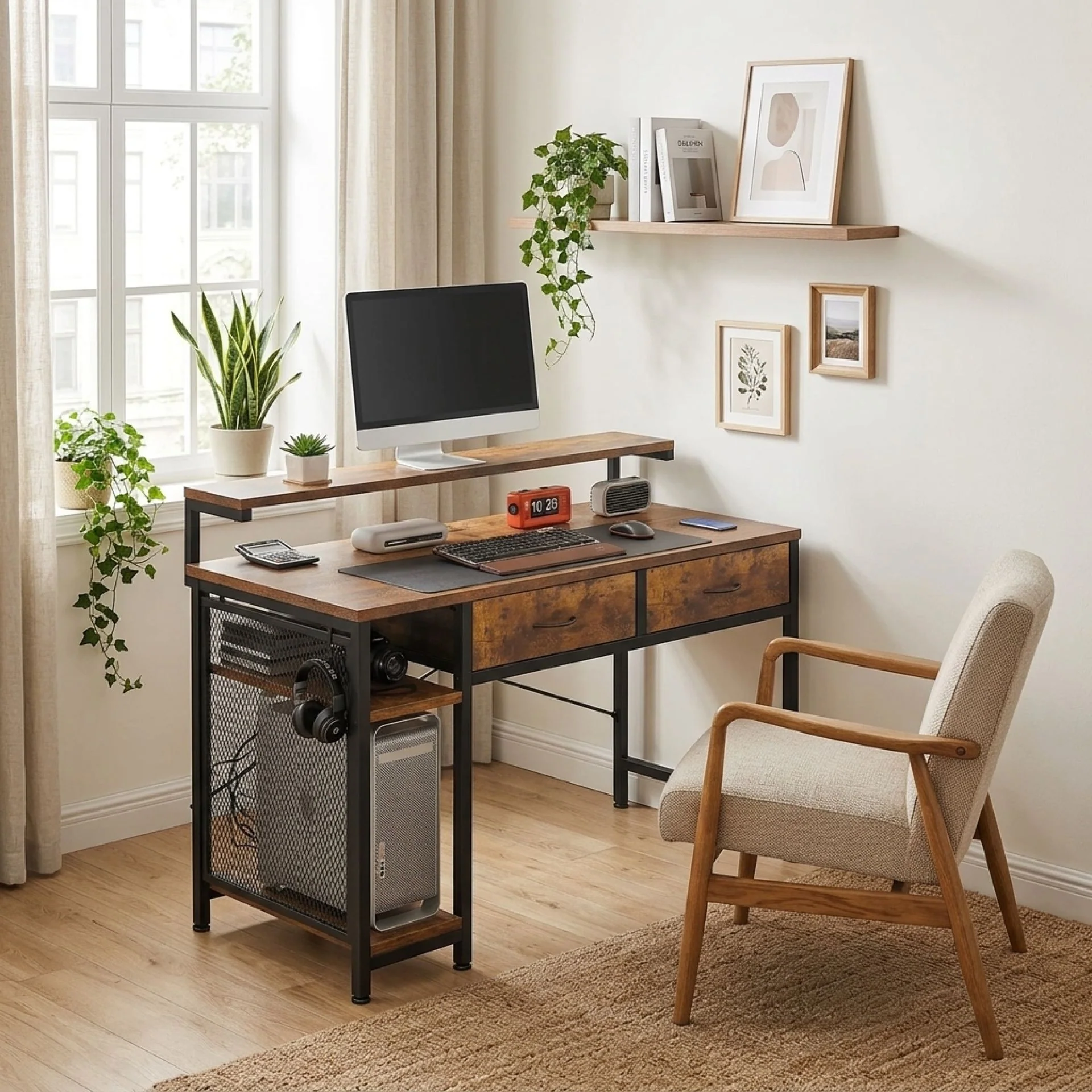 Emilio 100cm Computer Desk with 2 Drawers - Rustic Brown - Image 5