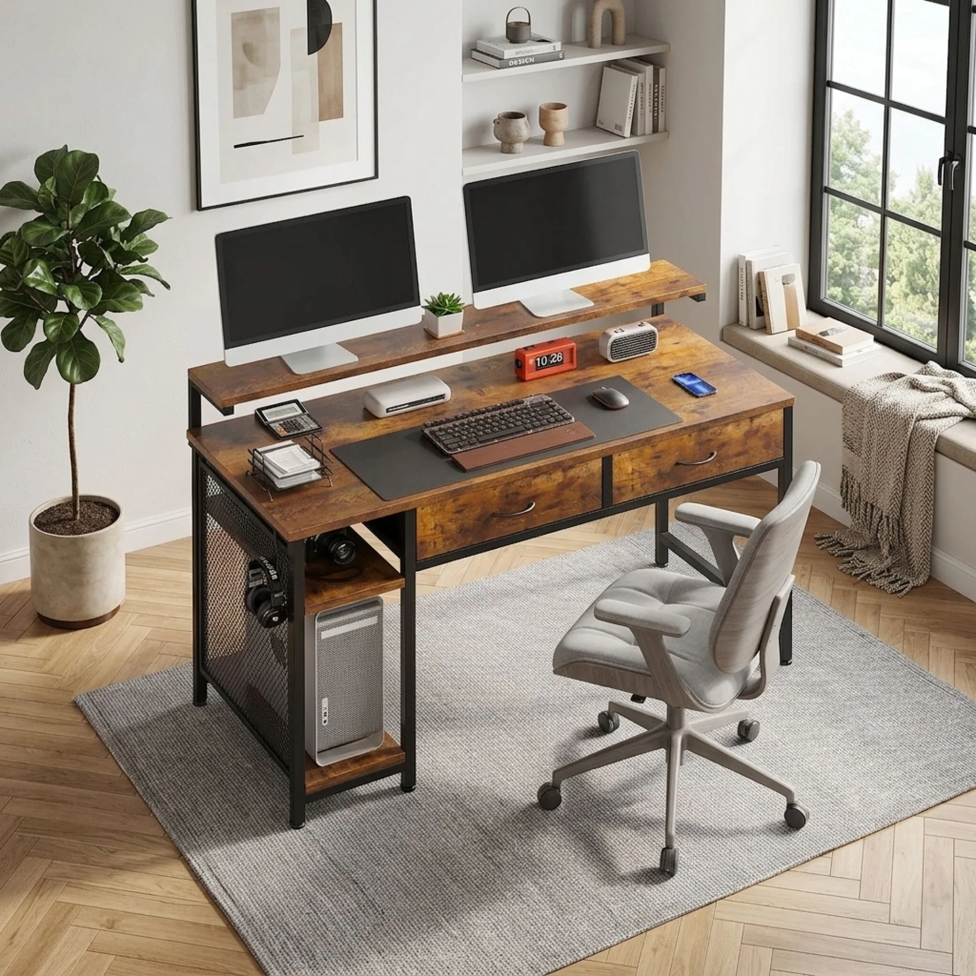 Emilio 120cm Computer Desk with 2 Drawers - Rustic Brown - Image 3