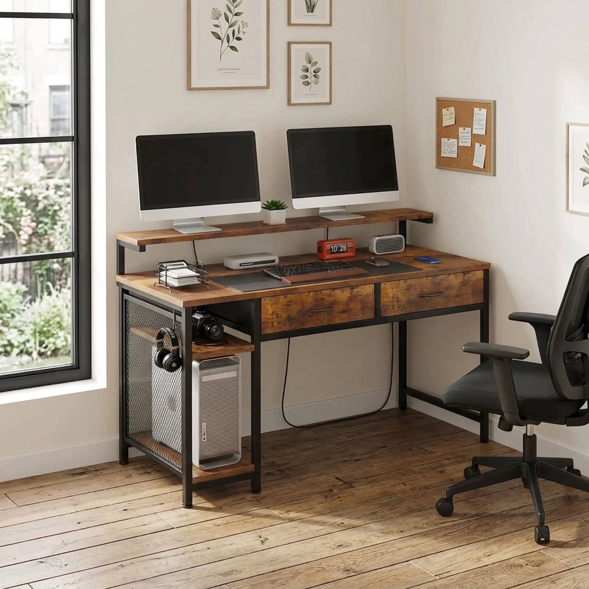 Emilio 120cm Computer Desk with 2 Drawers - Rustic Brown - Image 4