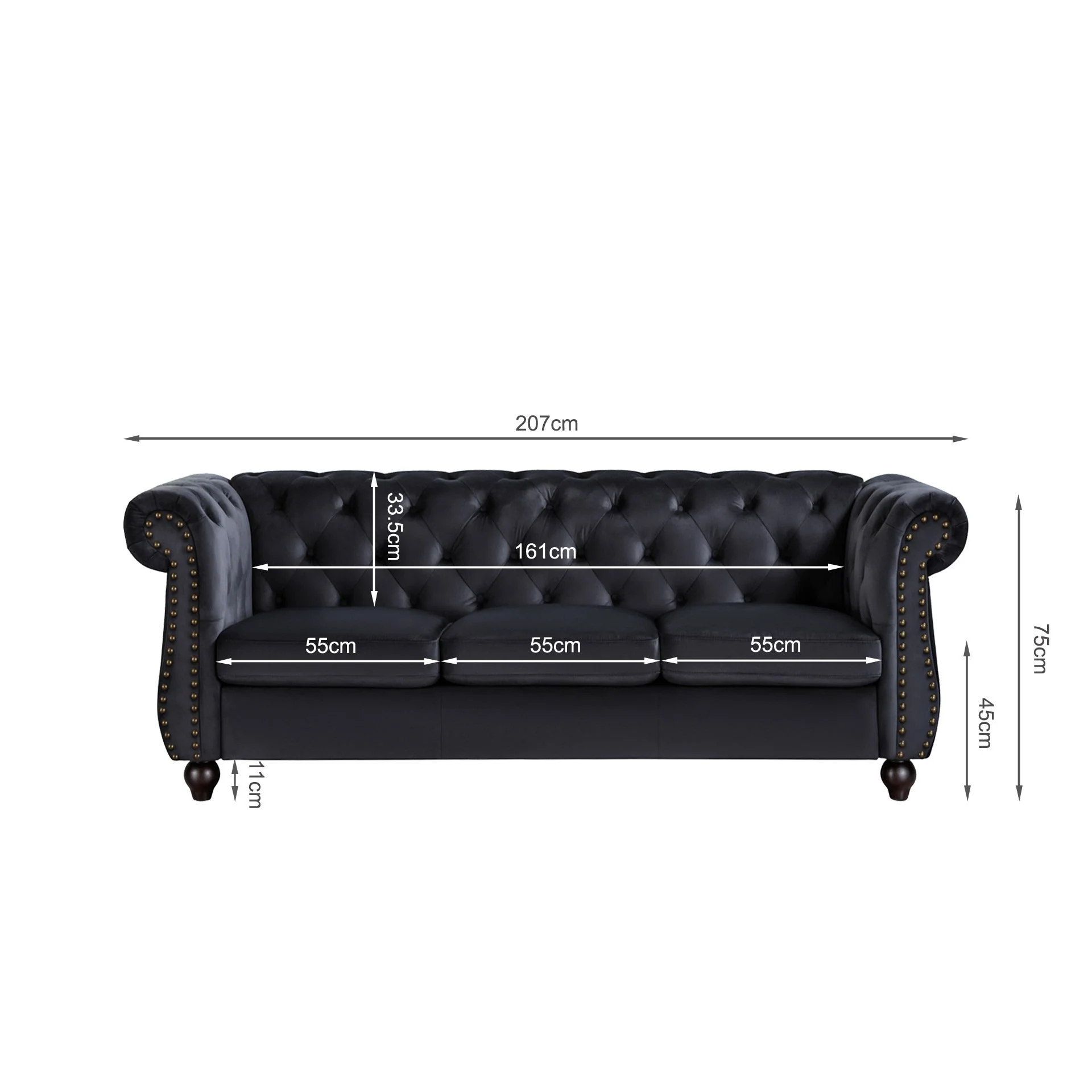 Emily Velvet 3 Seater Sofa – Black - Image 10