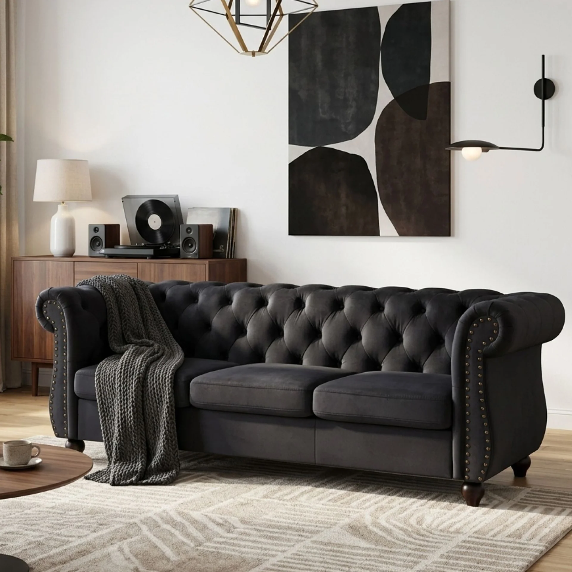 Emily Velvet 3 Seater Sofa – Black - Image 3