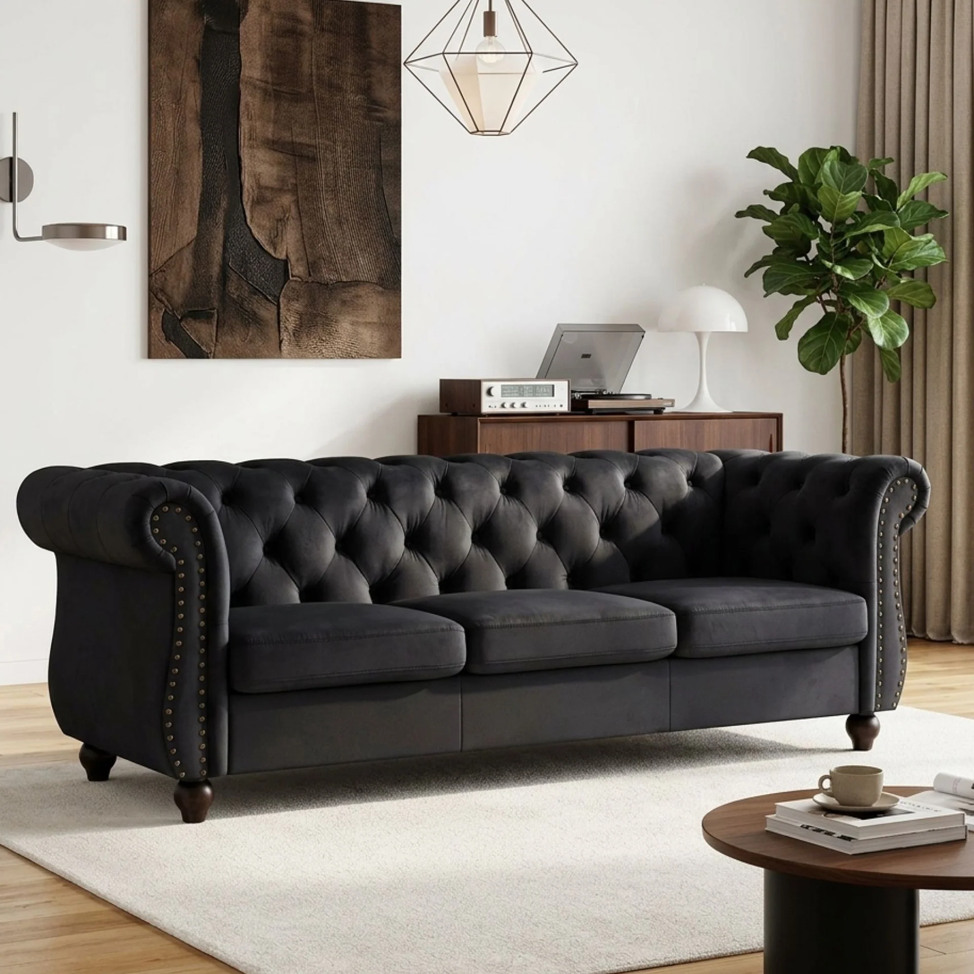 Emily Velvet 3 Seater Sofa – Black - Image 4
