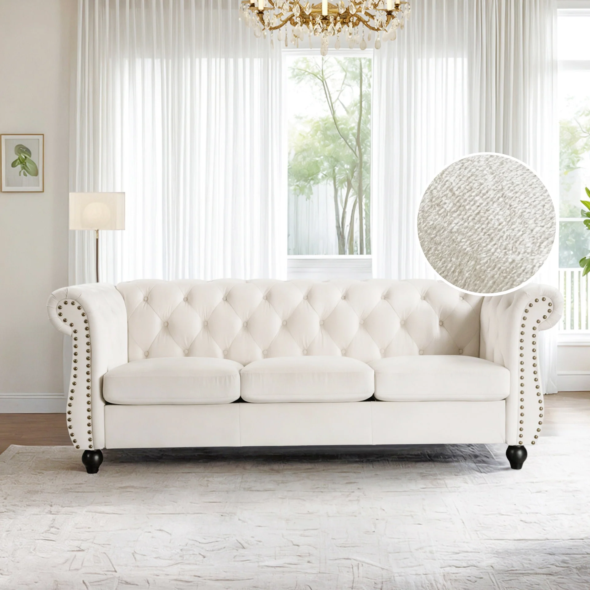 Emily Velvet 3 Seater Sofa - Ivory - Image 2