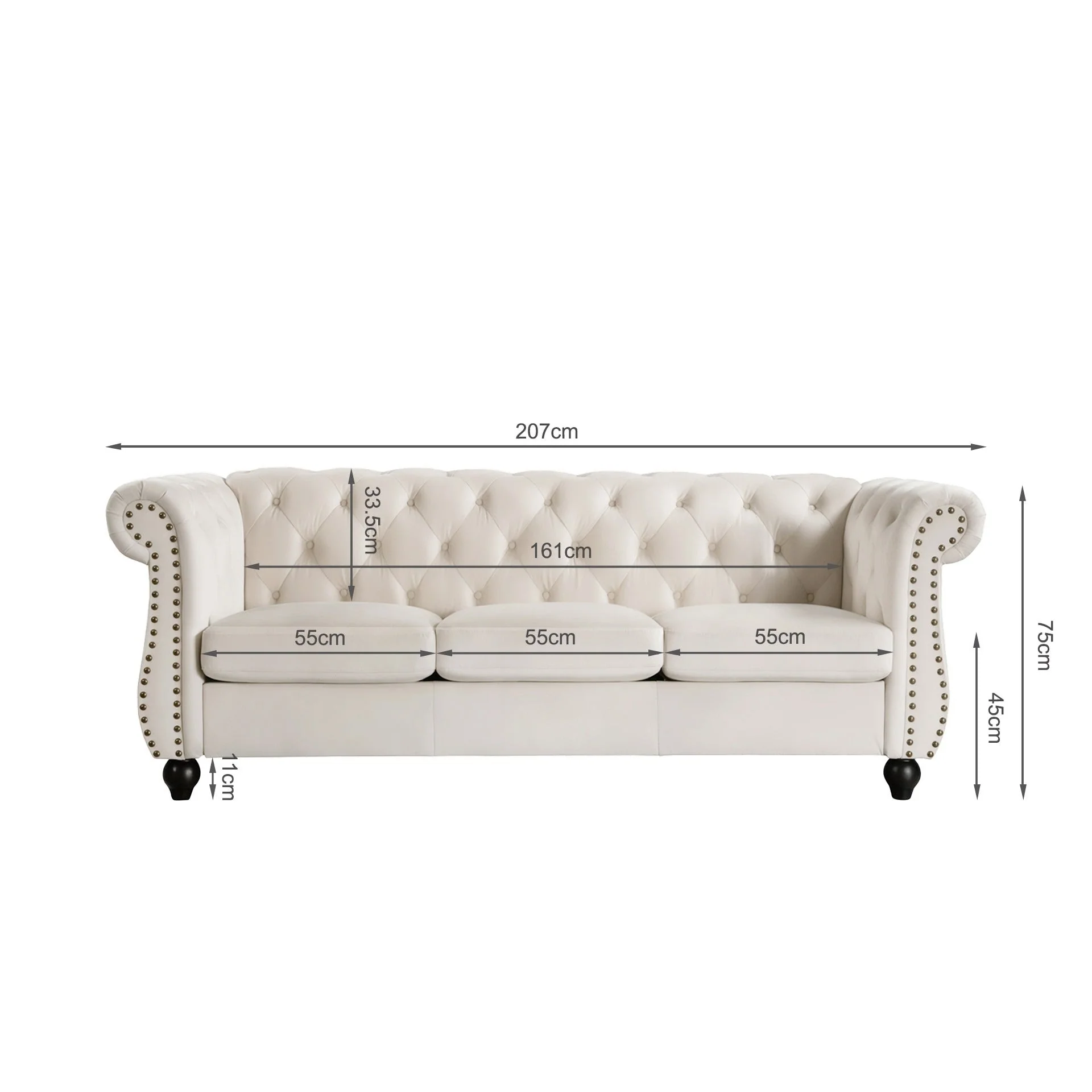 Emily Velvet 3 Seater Sofa - Ivory - Image 6