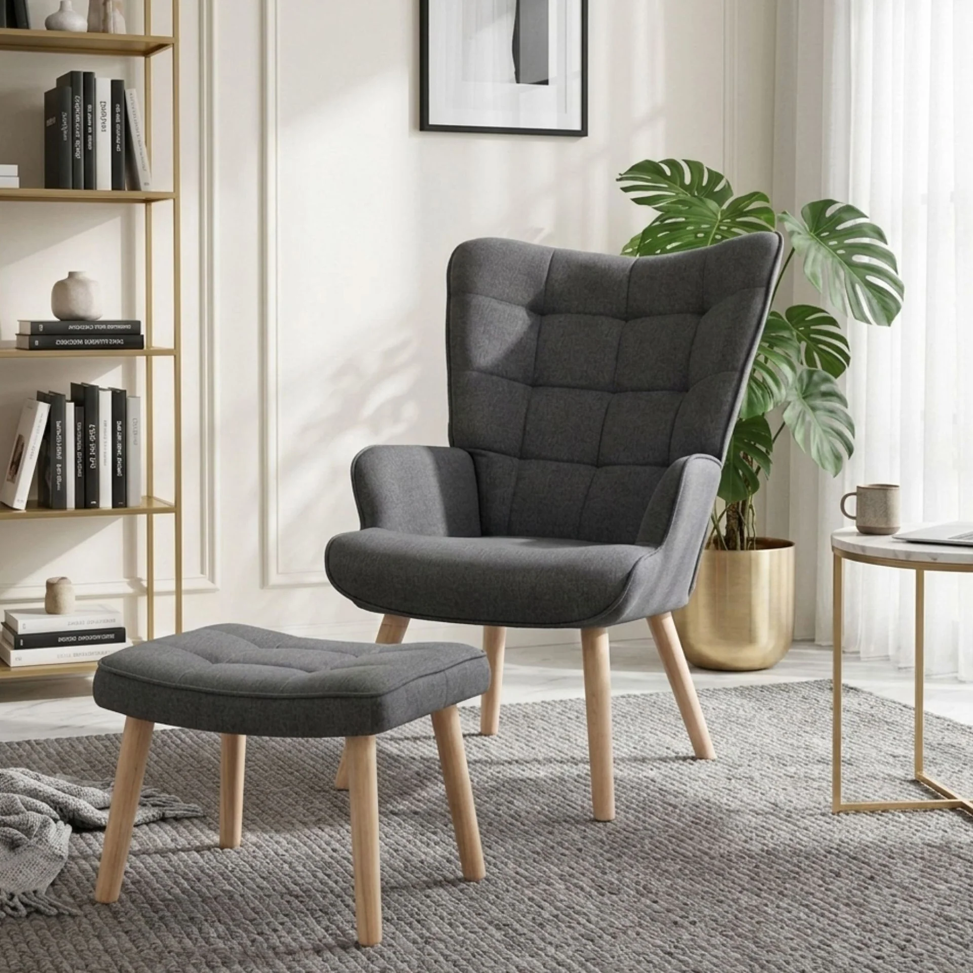 Emma Linen Armchair with Ottoman - Grey