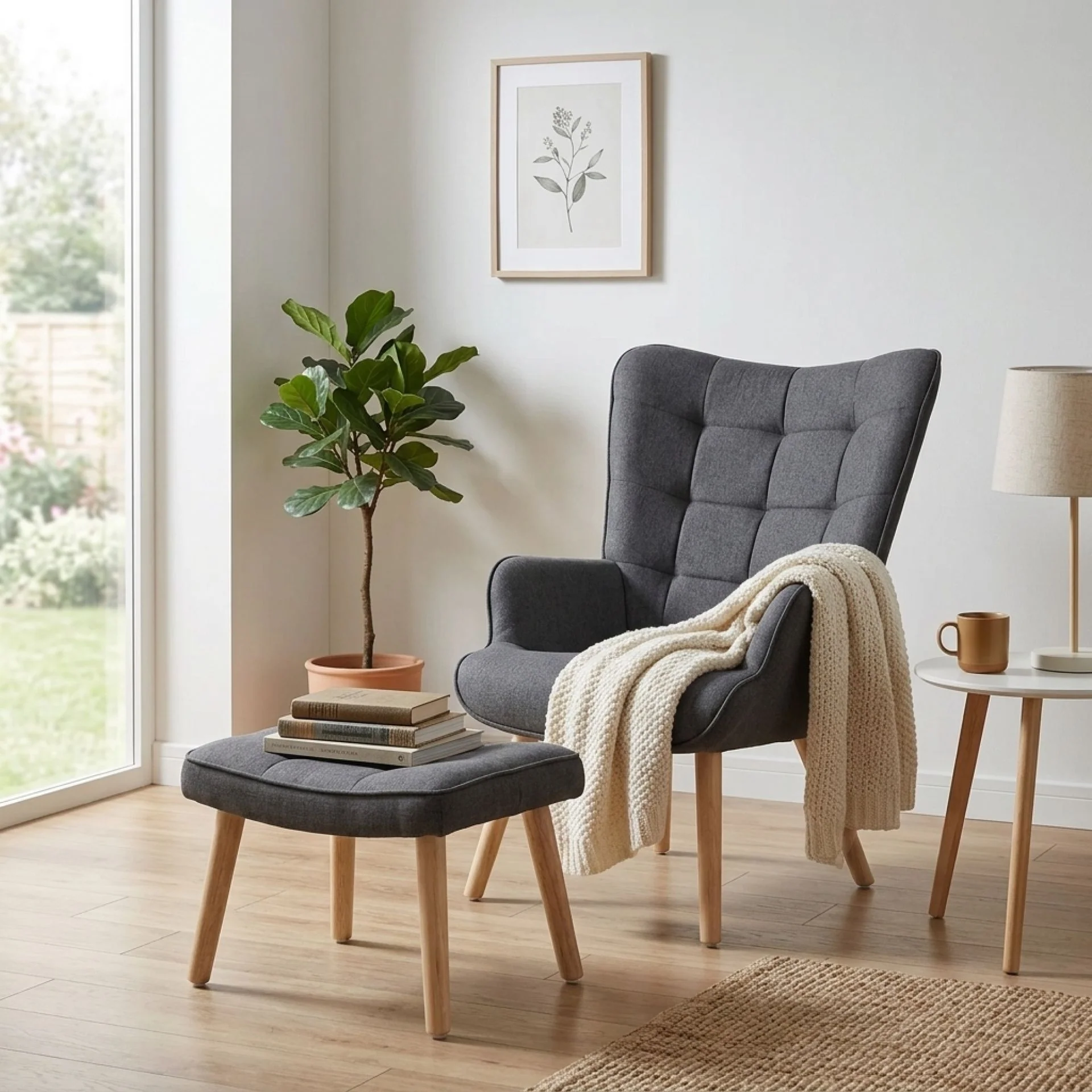 Emma Linen Armchair with Ottoman - Grey - Image 6