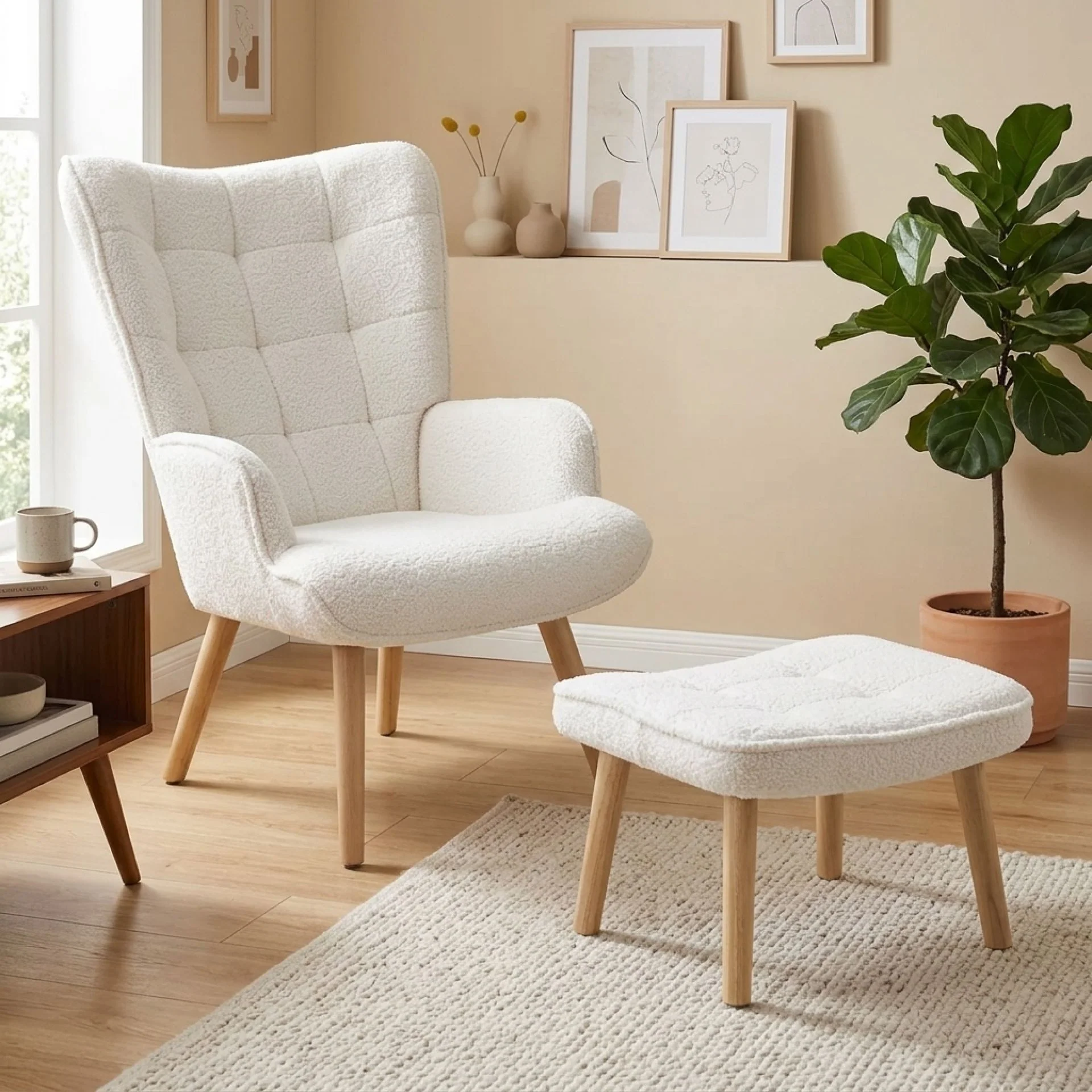 Emma Boucle Armchair with Ottoman - White - Image 3