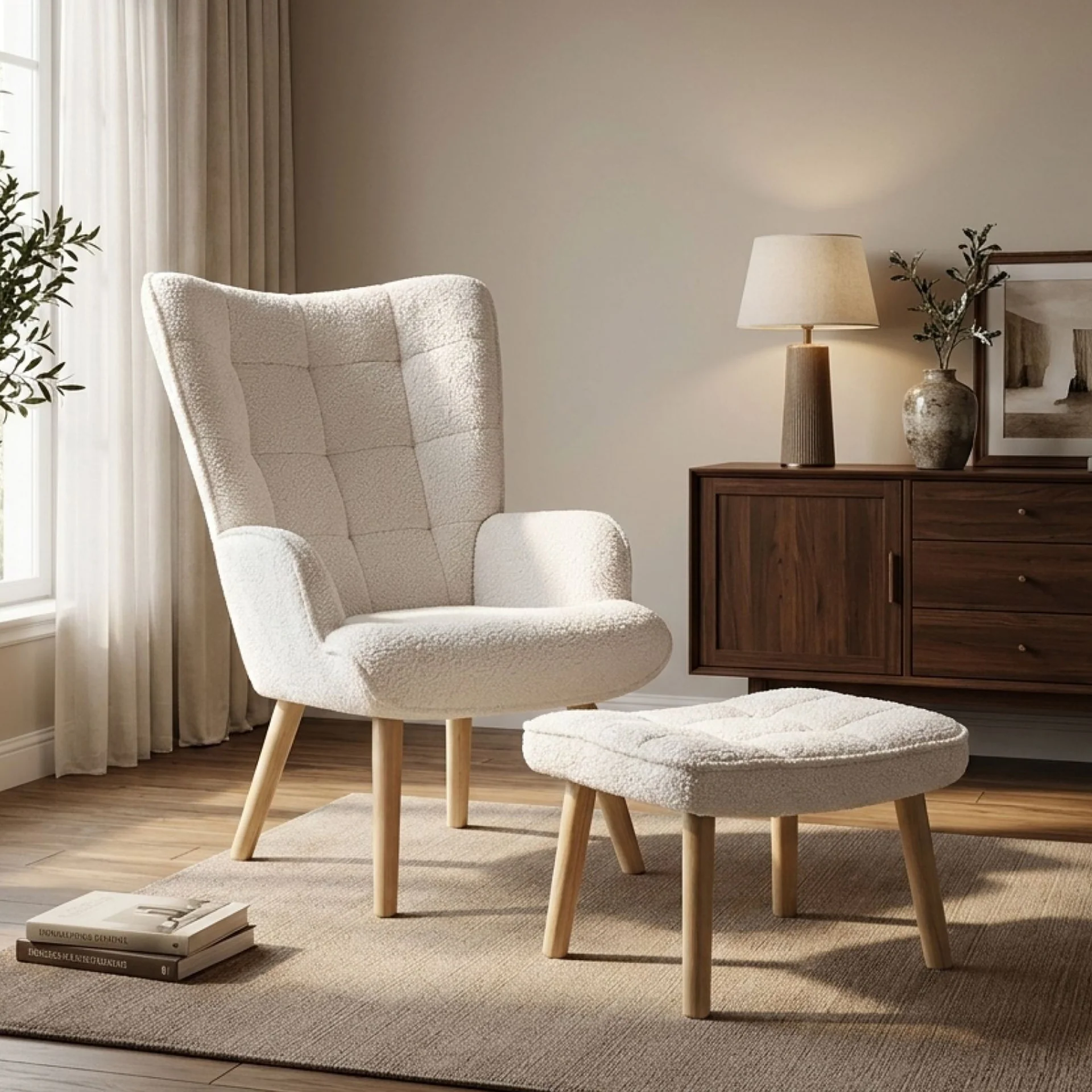 Emma Boucle Armchair with Ottoman - White - Image 4