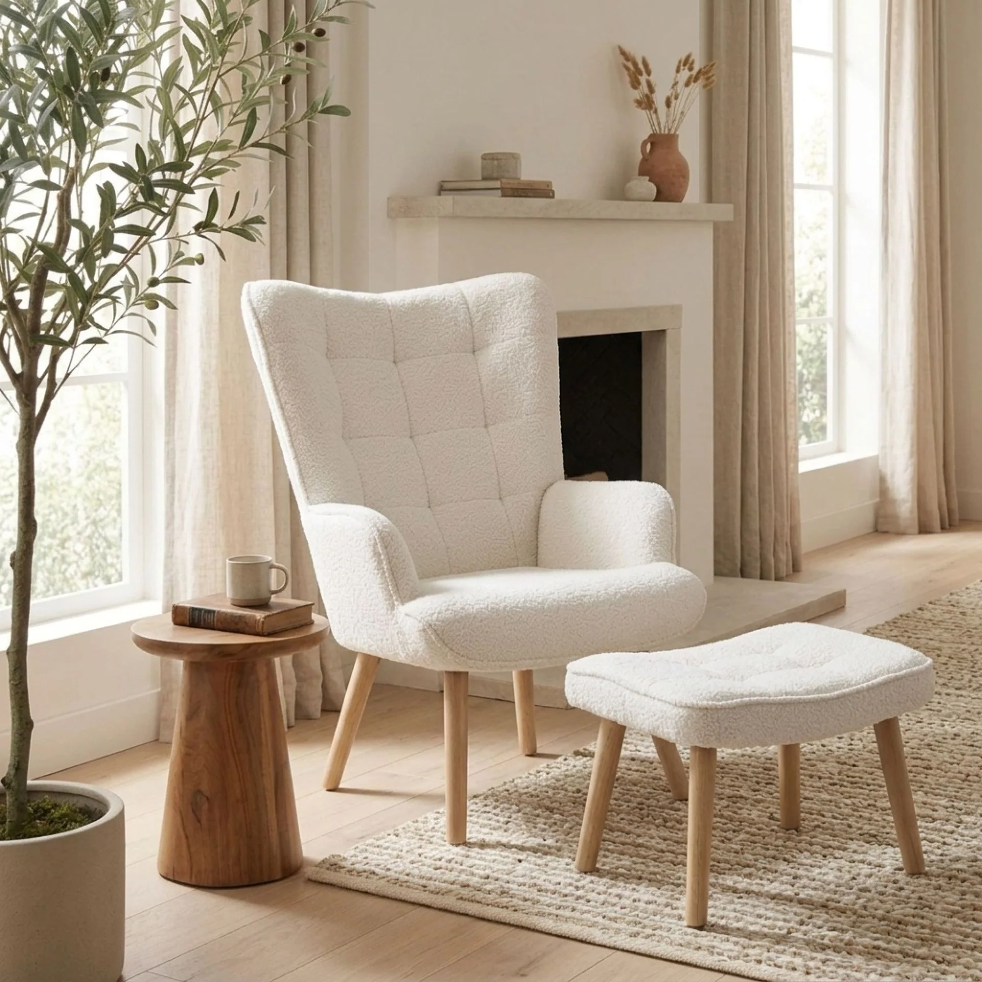 Emma Boucle Armchair with Ottoman - White - Image 5