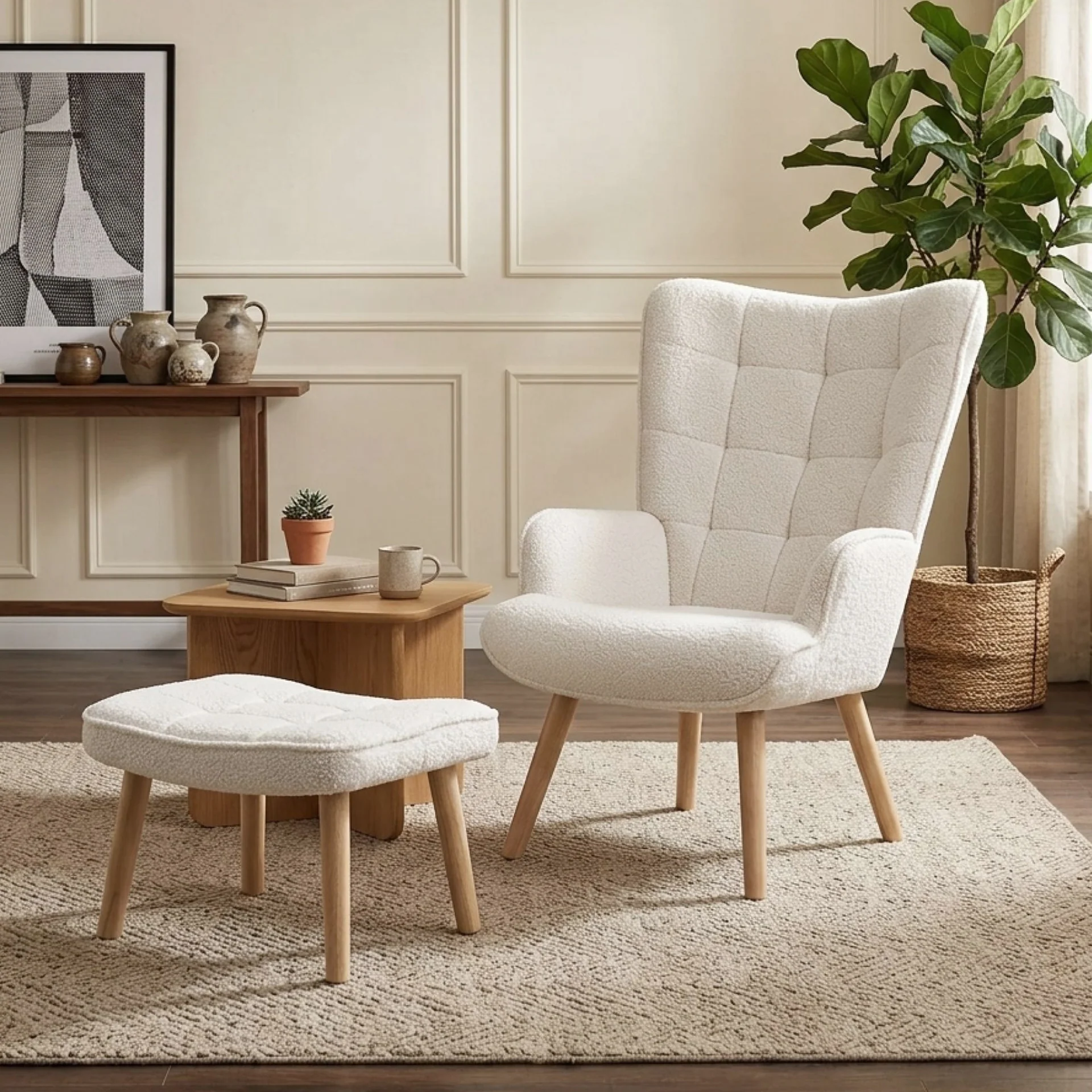 Emma Boucle Armchair with Ottoman - White - Image 6