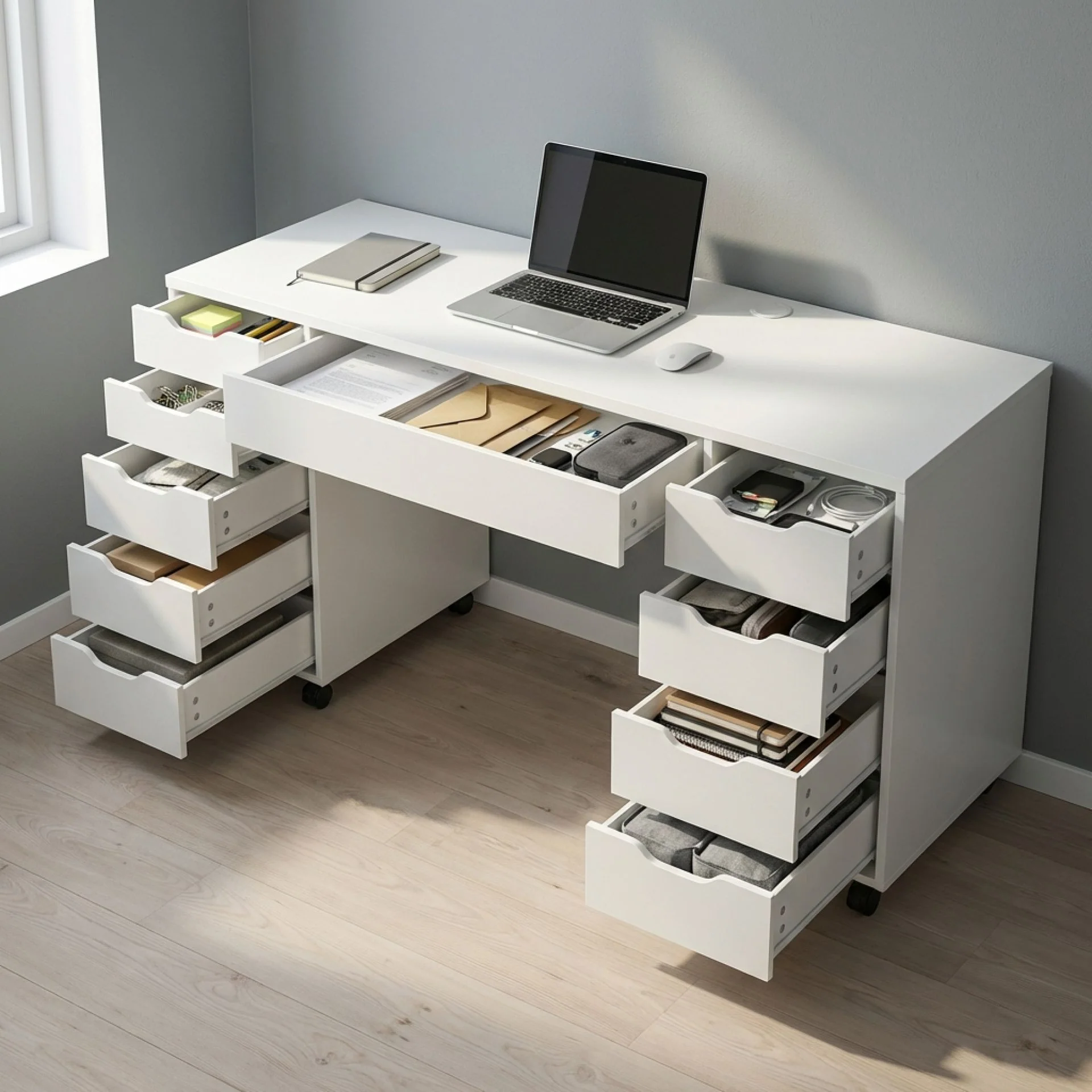 Ennova Rolling Computer Desk with Drawers - White - Image 2