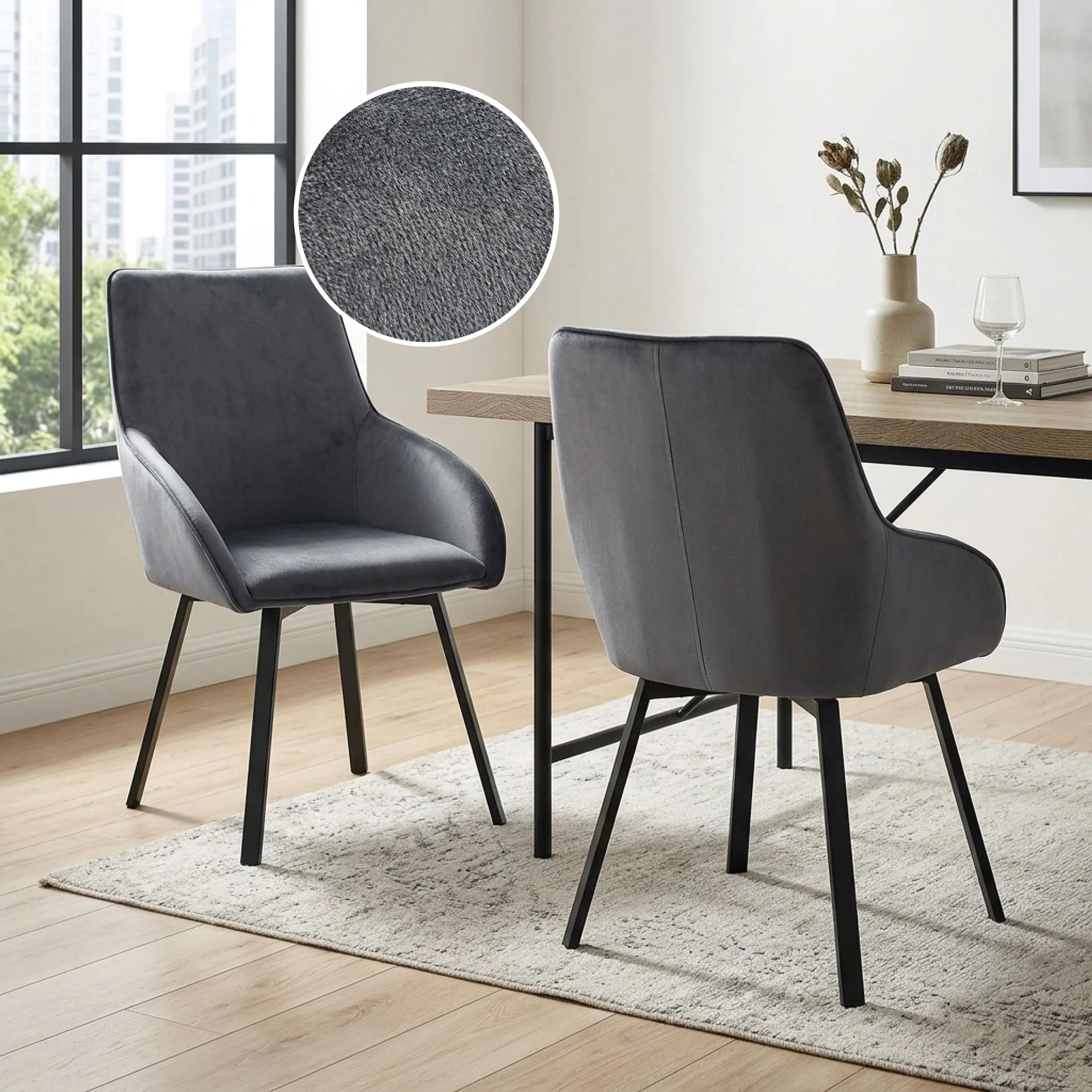 Everlow Swivel Velvet Dining Chair - Set of 2 - Dark Grey - Image 2