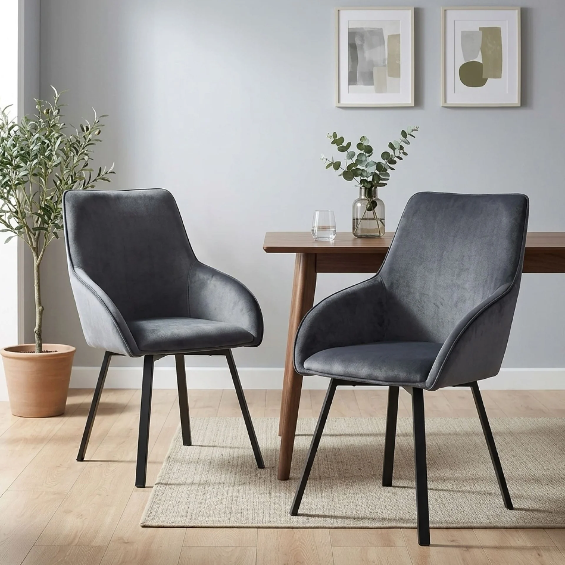 Everlow Swivel Velvet Dining Chair - Set of 2 - Dark Grey - Image 3