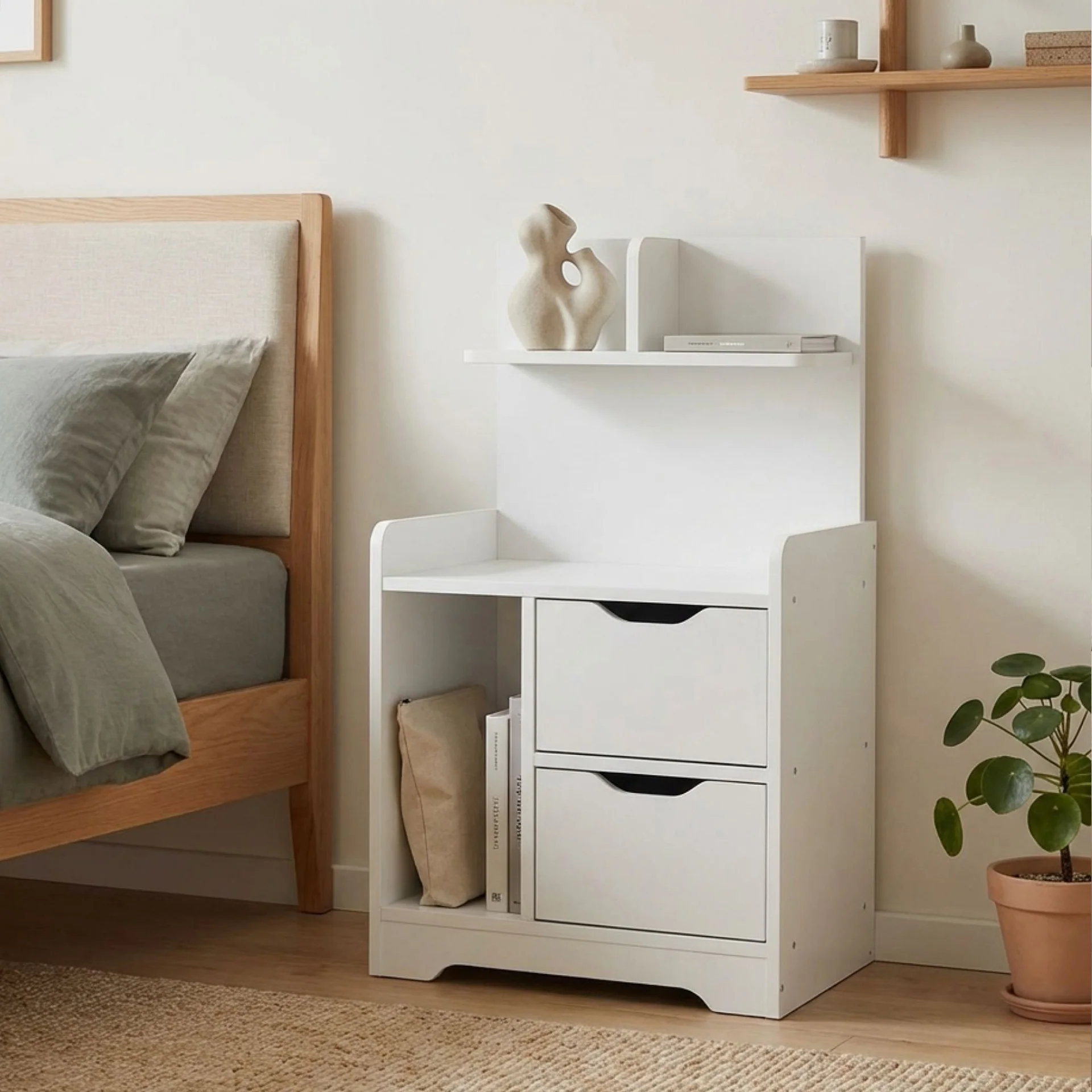 Finn Bedside Table with Shelves - White - Image 2