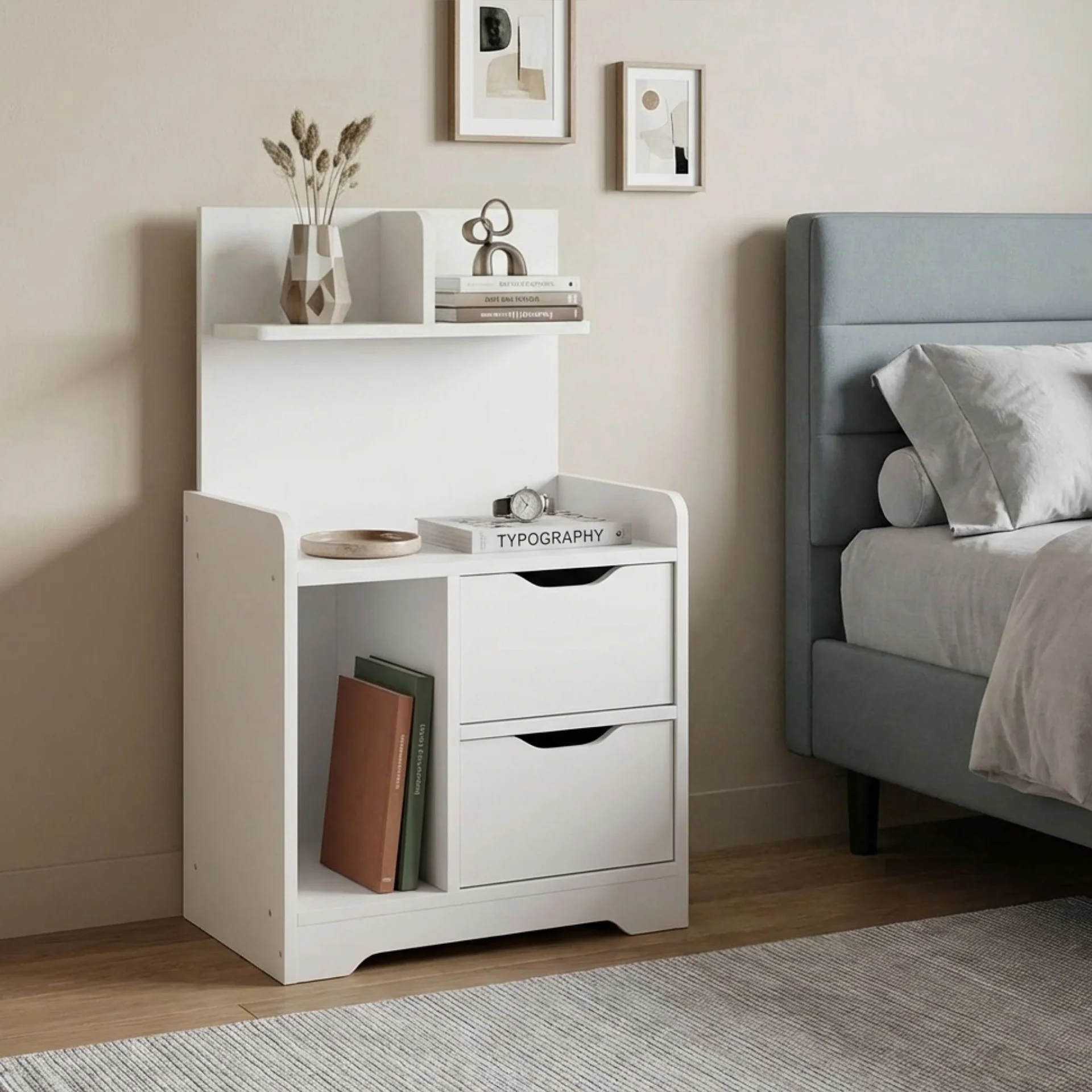 Finn Bedside Table with Shelves - White - Image 4